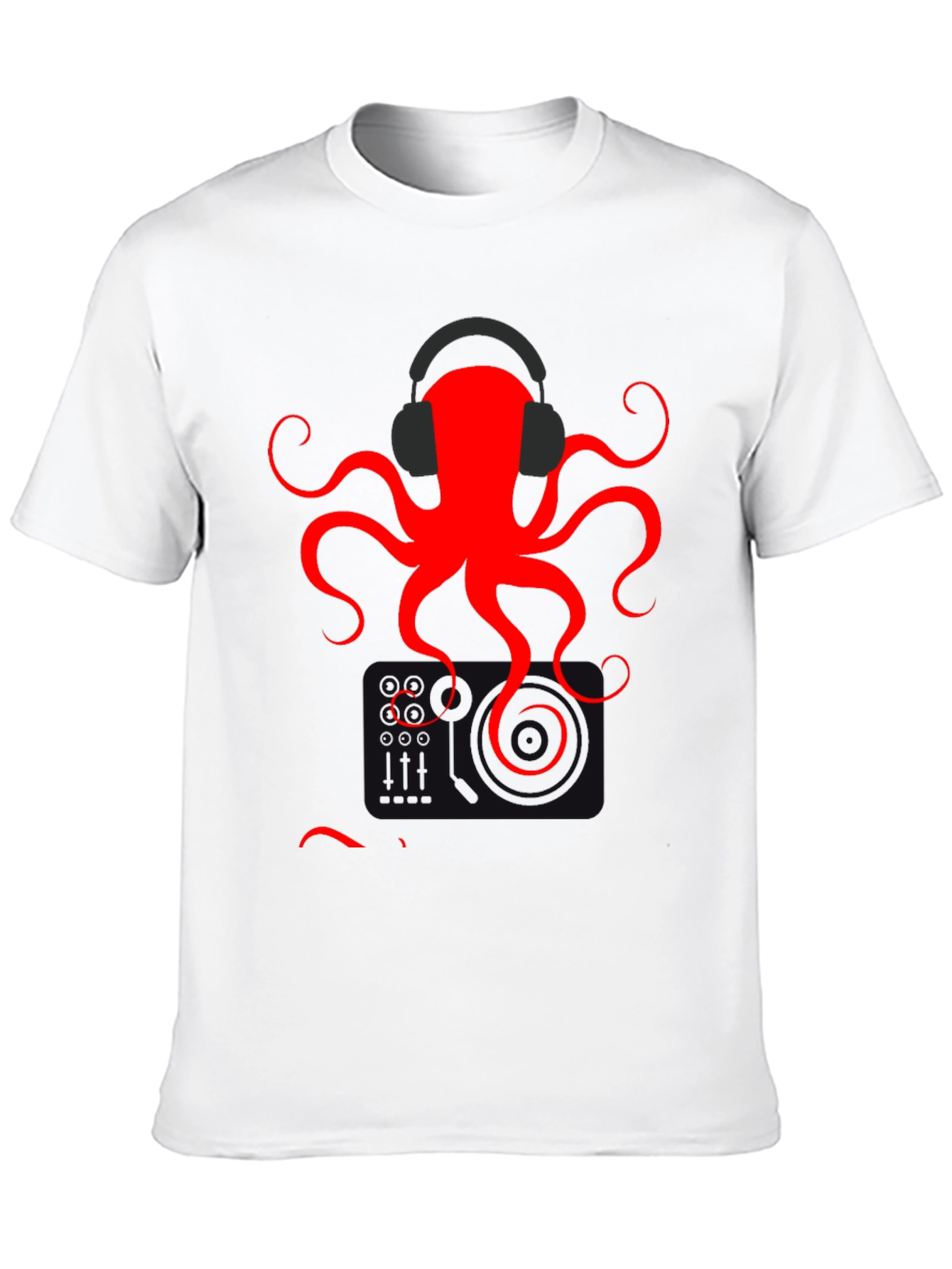 Black Red Octopus Headphones Graphic T-Shirt view 10