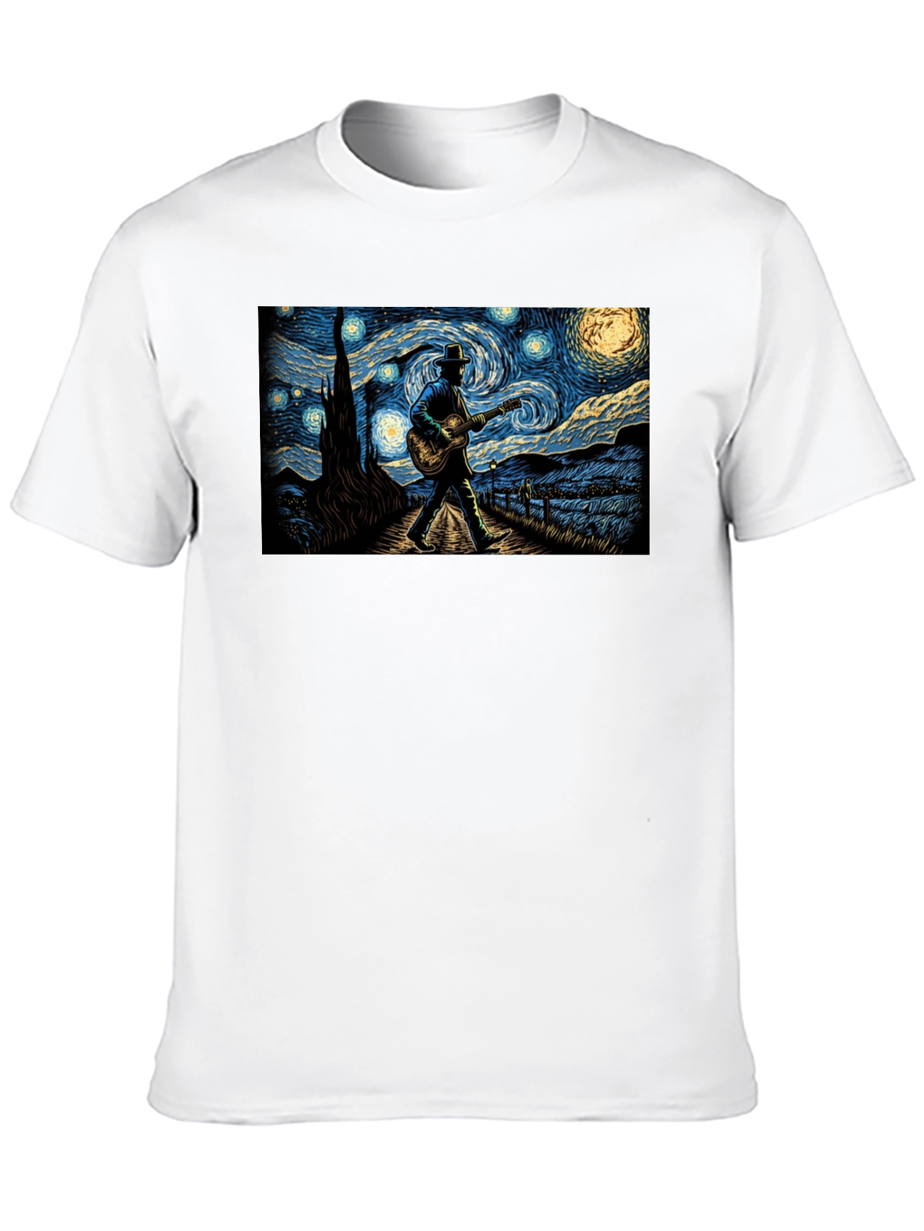Black Starry Night Guitar Player Graphic Tee view 10