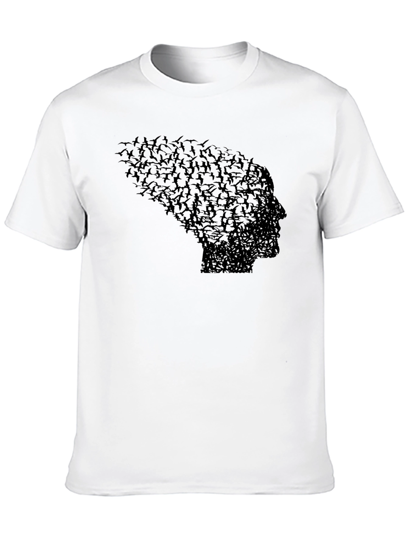 Black Birds Forming Head T-Shirt, Unique Graphic Tee, Black view 10