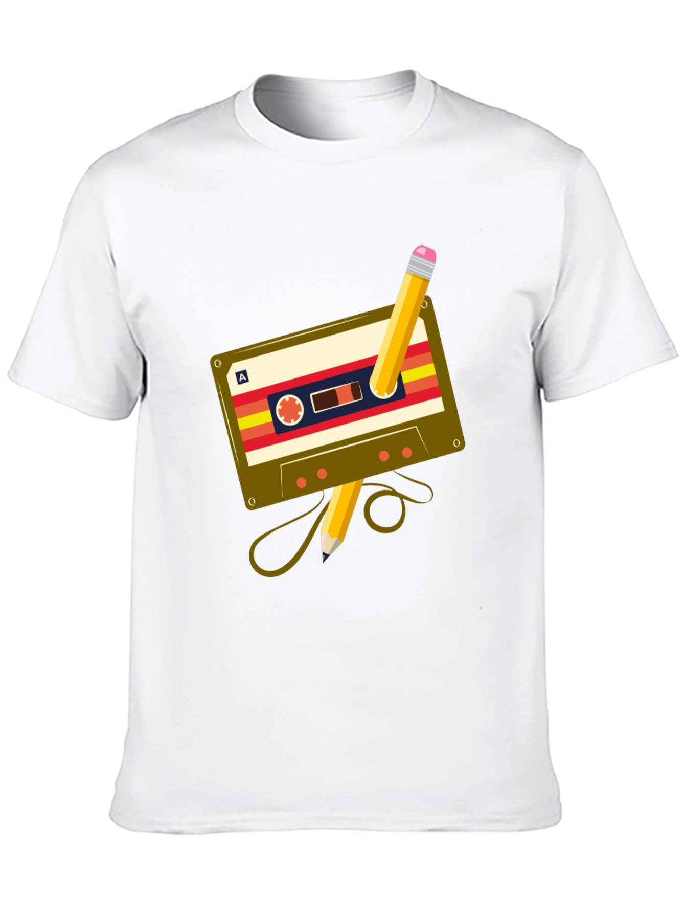 Black Retro Cassette & Pencil Graphic Tee - Music Lover's T-Shirt view 10