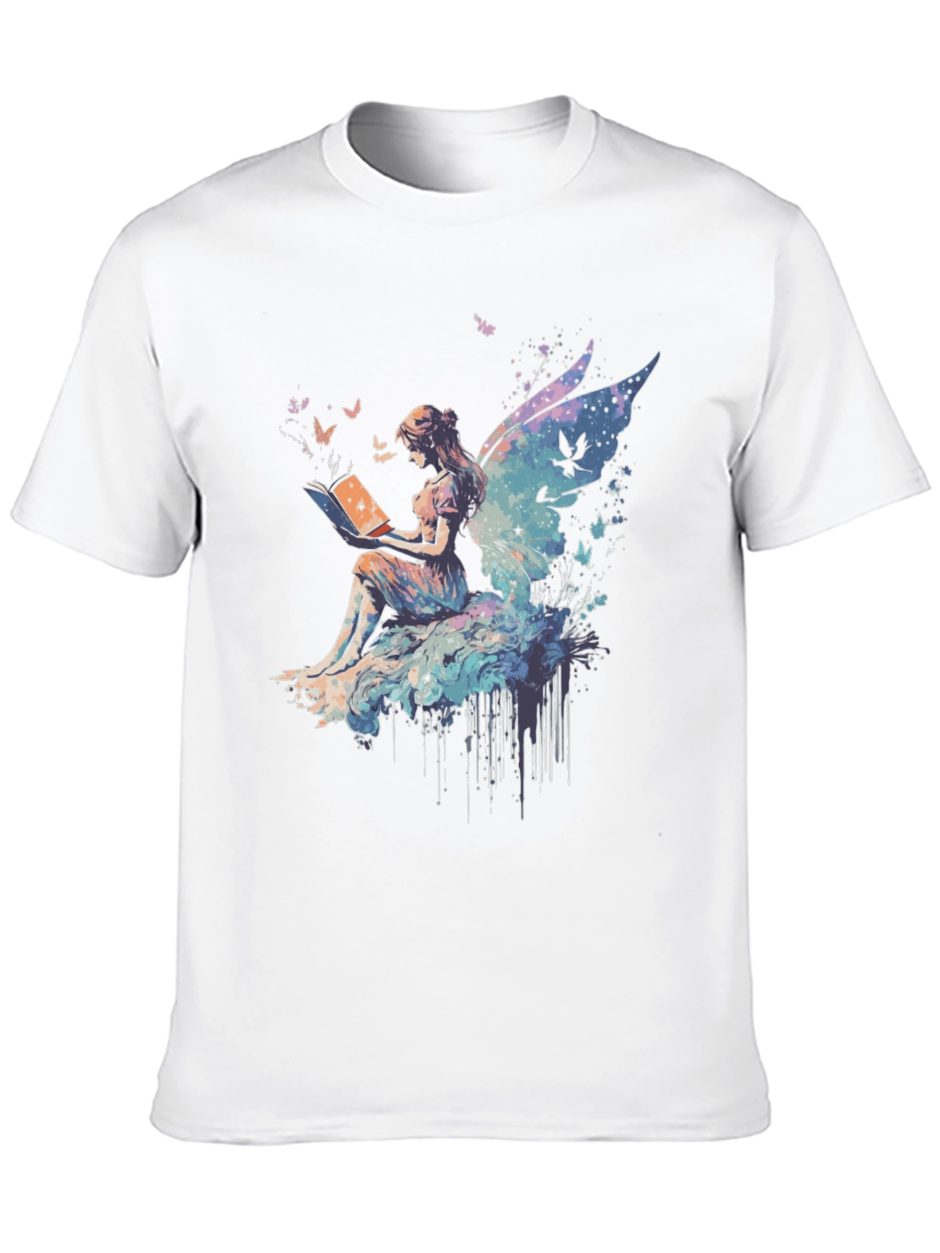 Black Whimsical Fairy Reading Book Graphic T-Shirt view 10