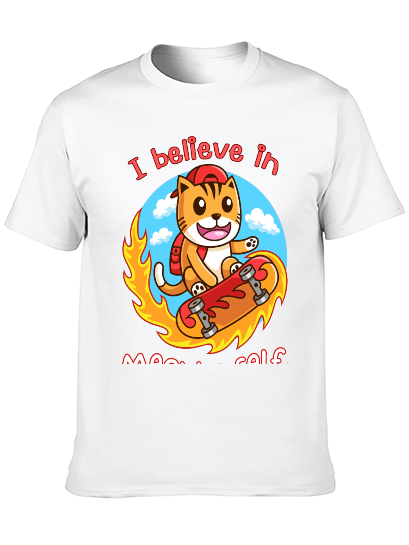 Black Believe in Meowself T-Shirt - Cute Cat Skateboard Design view 10
