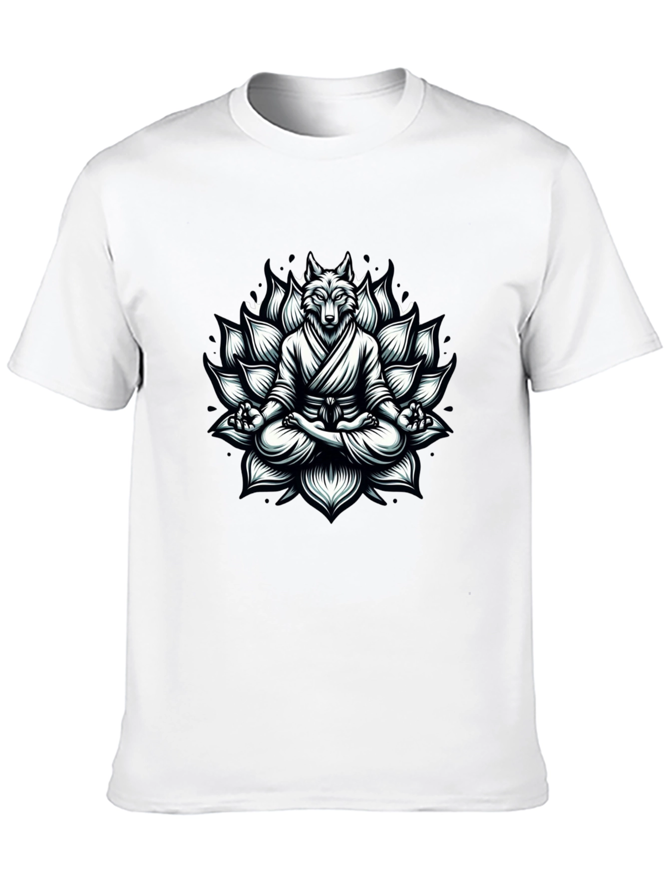 Black Zen Wolf T-Shirt: Meditating Lotus Design view 10