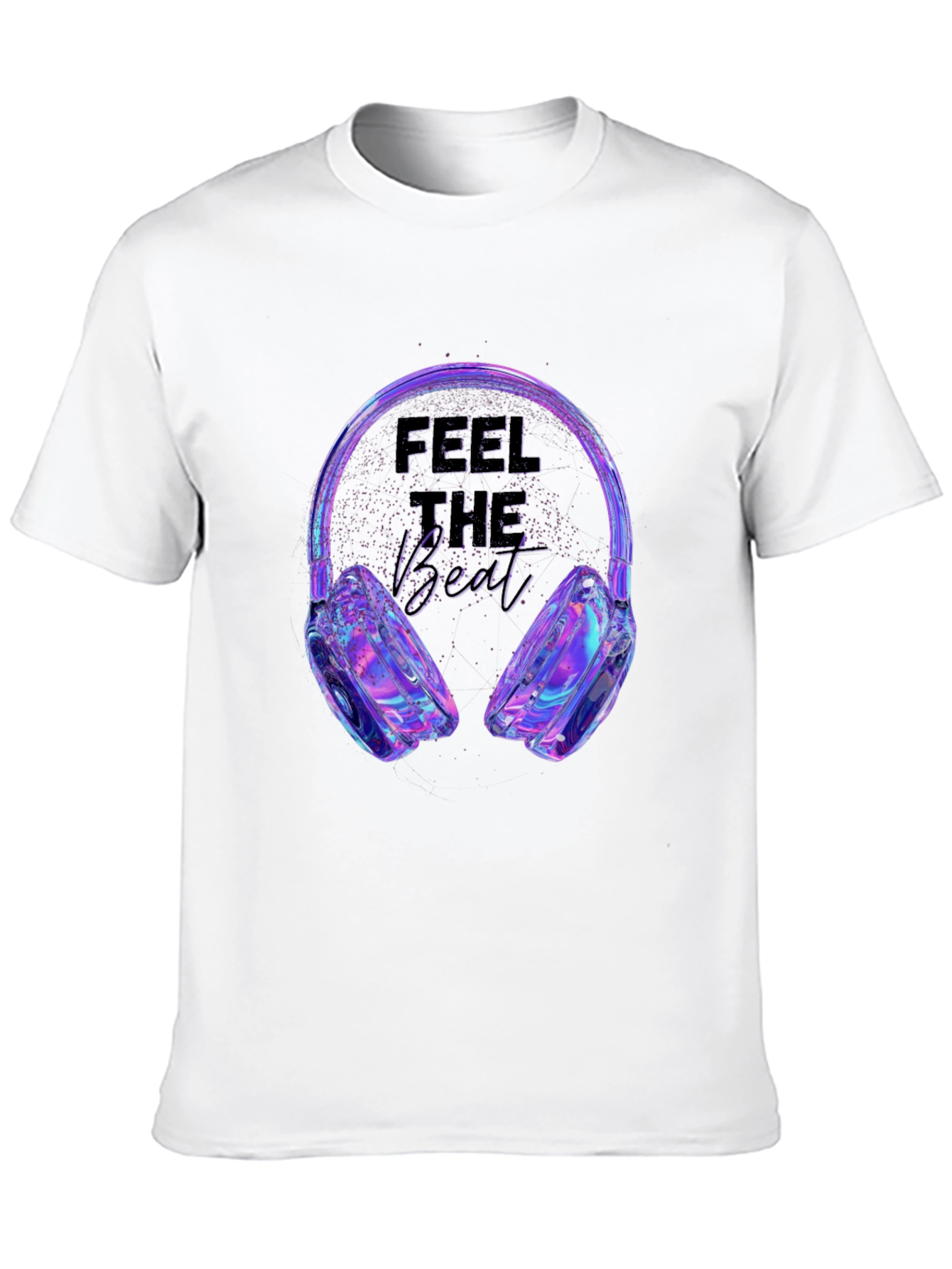 Black Feel the Beat T-Shirt - Holographic Headphones Design view 10