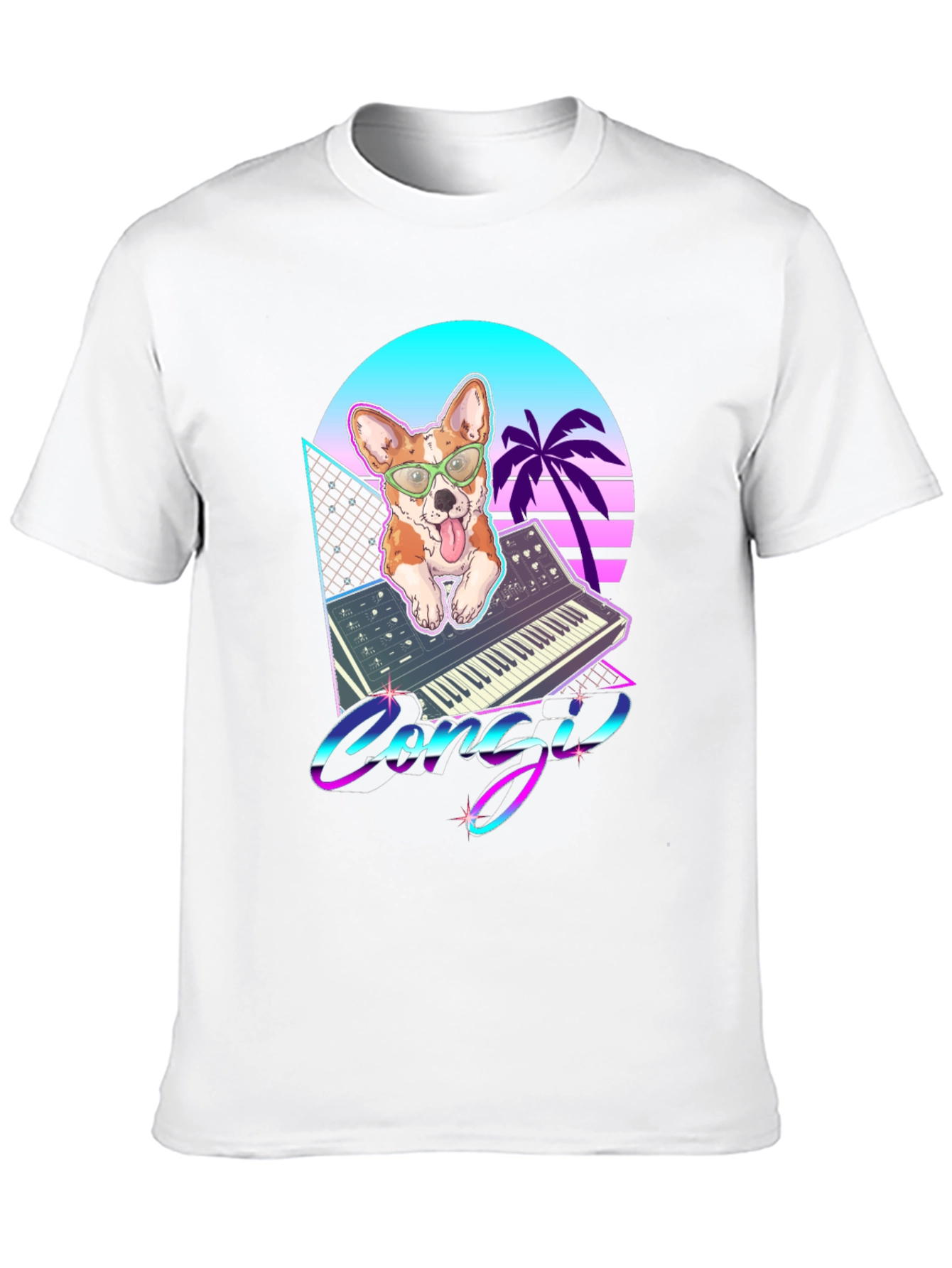 Black Retro Corgi Synthwave Graphic T-Shirt view 10