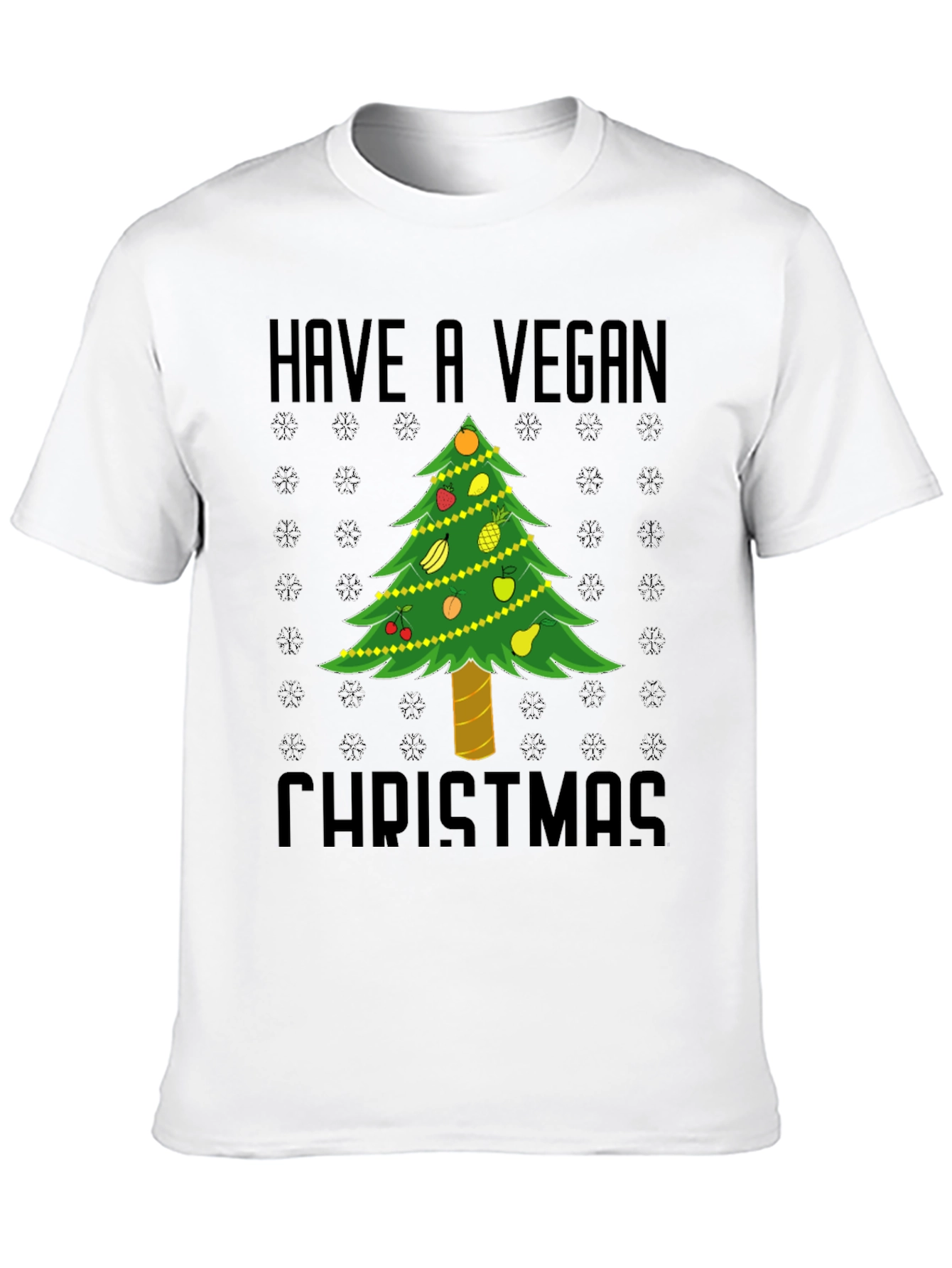Black Vegan Christmas T-Shirt - Holiday Tree Fruit Design view 10