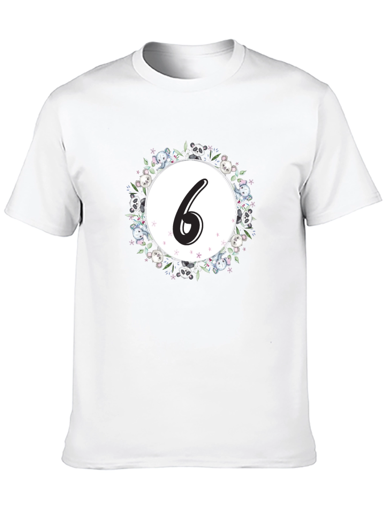Black Cute Number 6 Panda Floral Wreath Black T-Shirt view 10