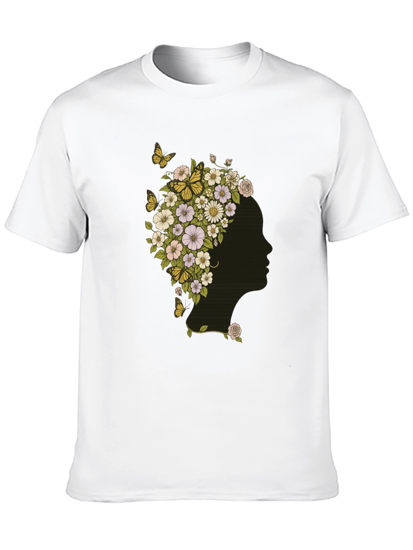 Black Floral Woman Graphic Tee - Black Cotton T-Shirt view 10