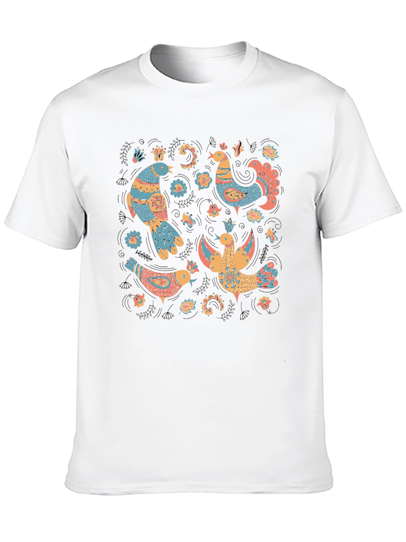 Black Whimsical Folk Art Bird T-Shirt view 10