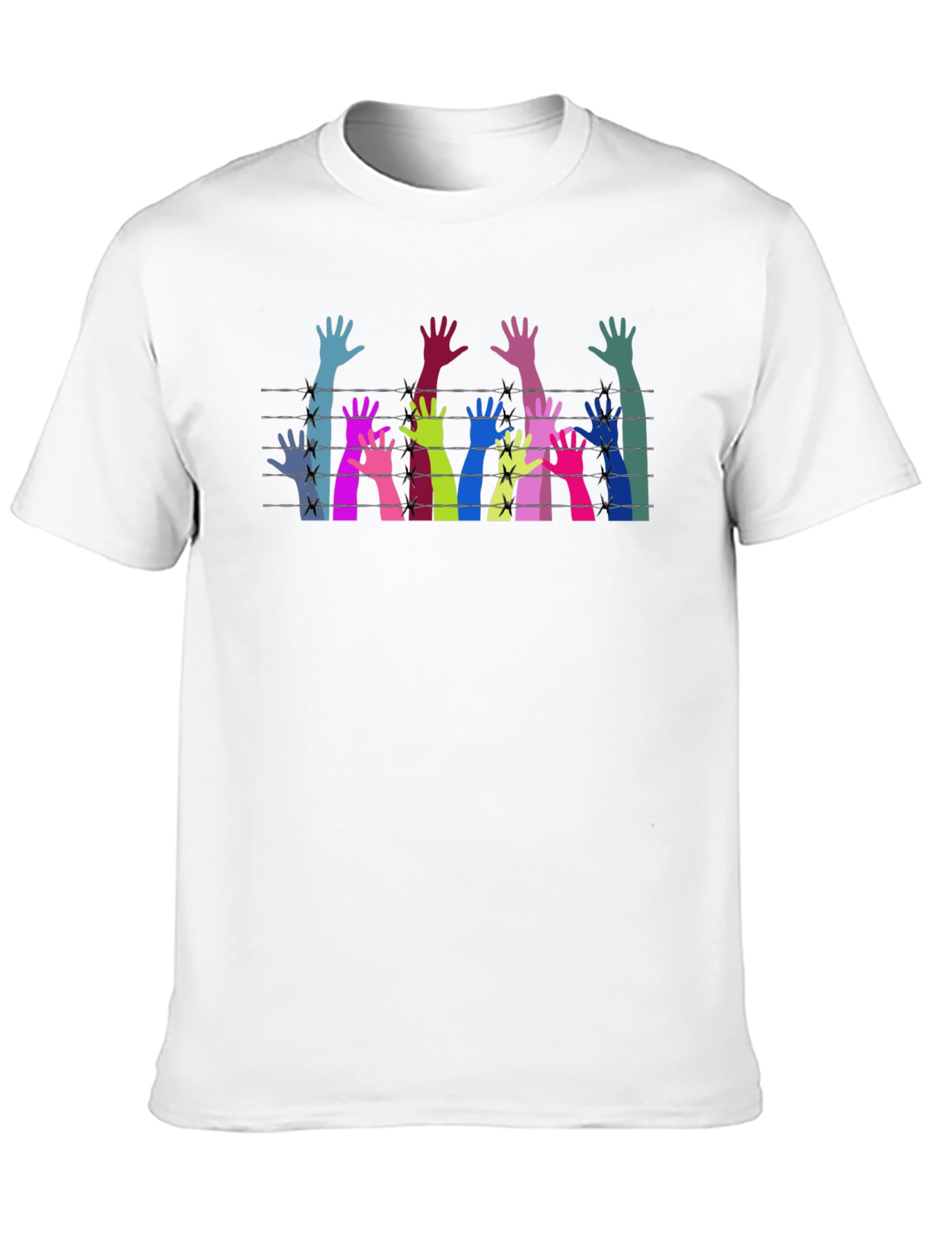 Black Colorful Hands Behind Barbed Wire Graphic Tee view 10