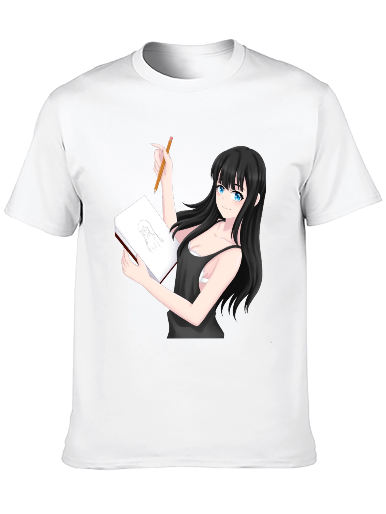 Black Anime Girl Sketch T-Shirt - Unique Design view 10