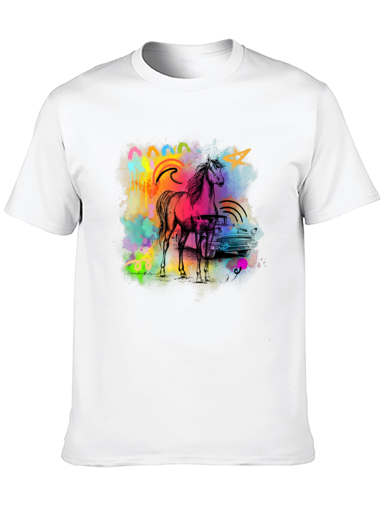 Black Vibrant Horse & Car Graphic Print Black T-Shirt view 10