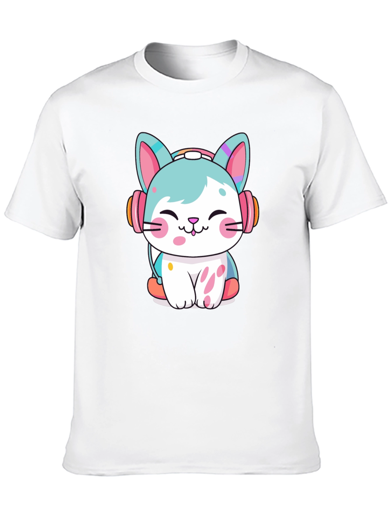 Black Cute Cat with Headphones Graphic Tee view 10