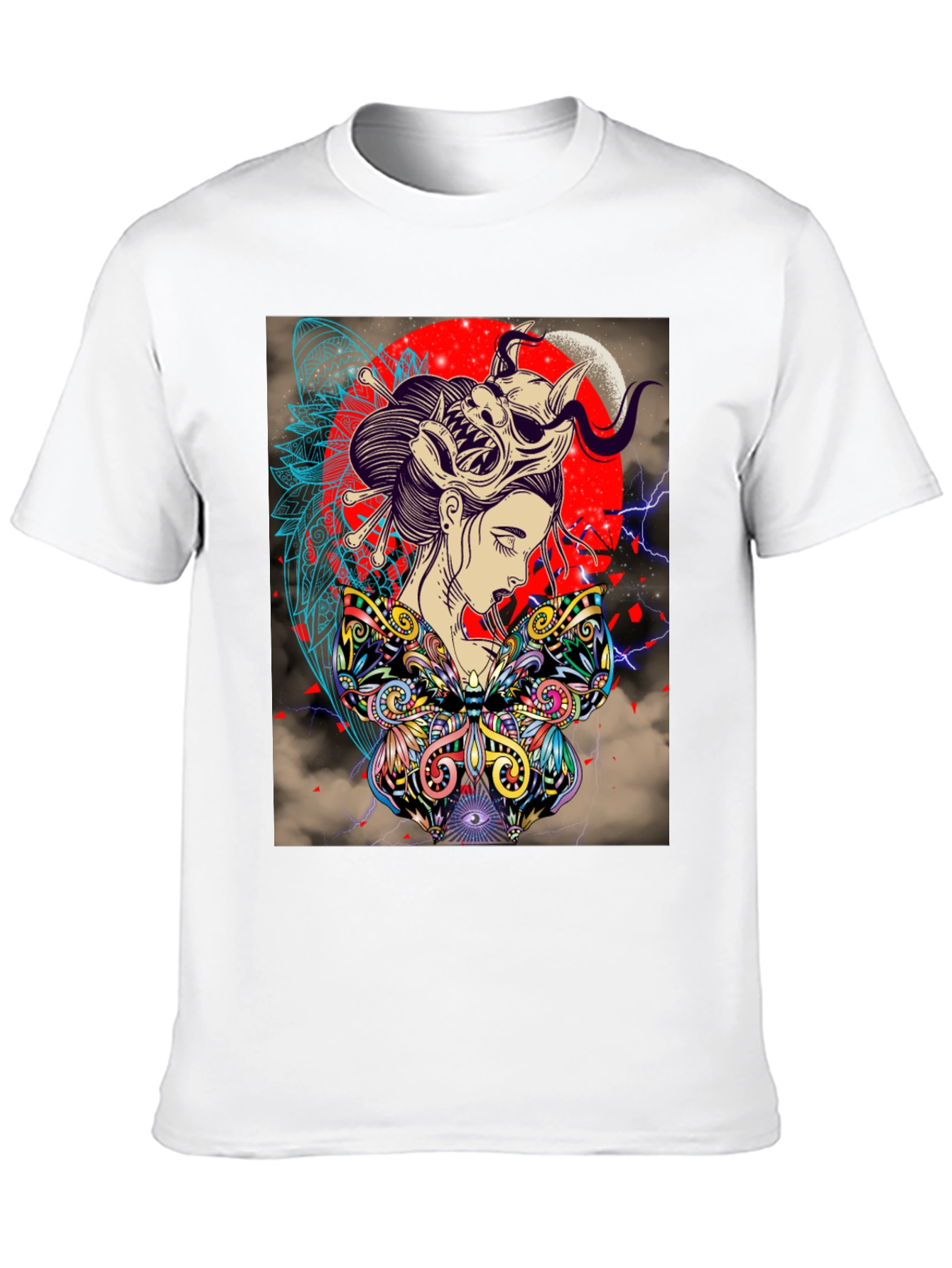 Black Geisha Mask Graphic Print Black T-Shirt view 10