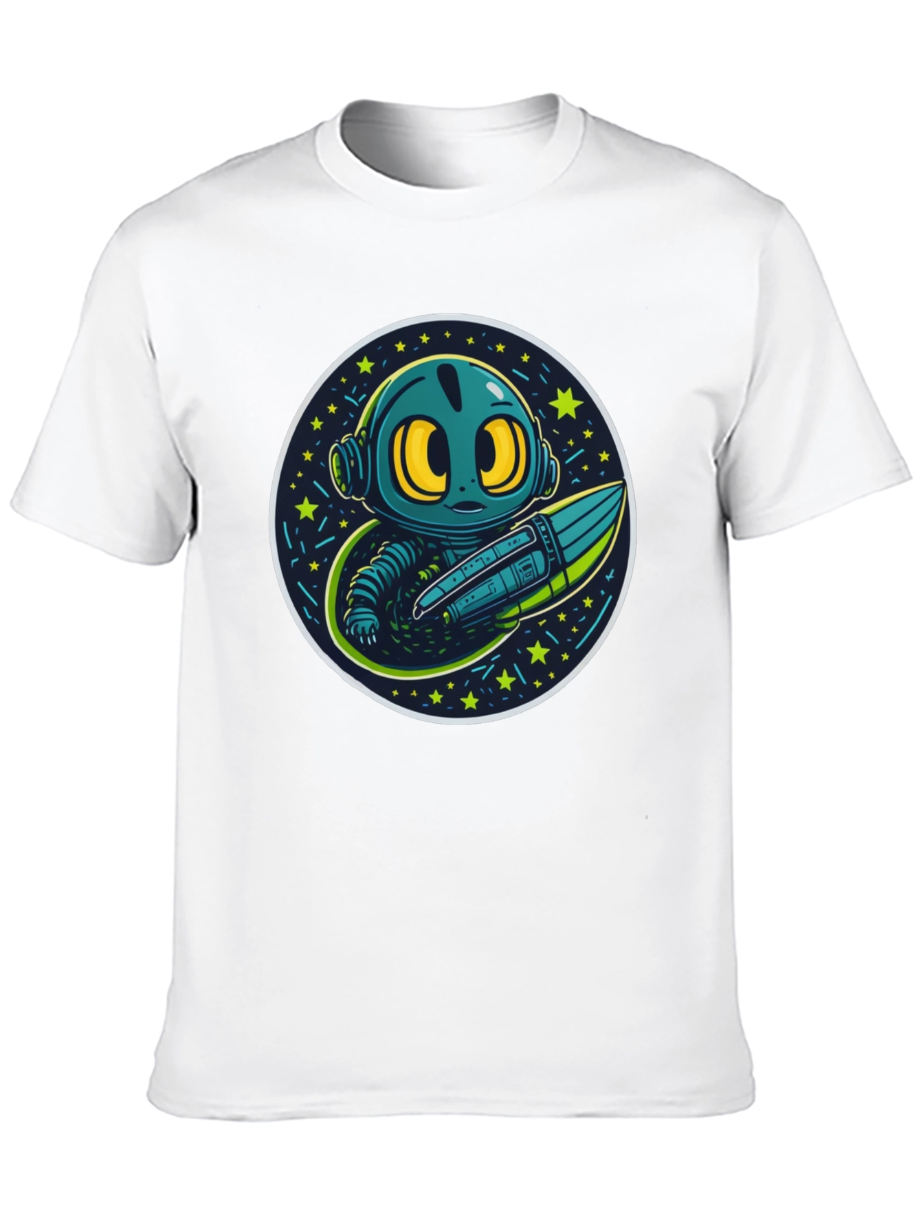 Black Cartoon Alien Rocket Black T-Shirt view 10