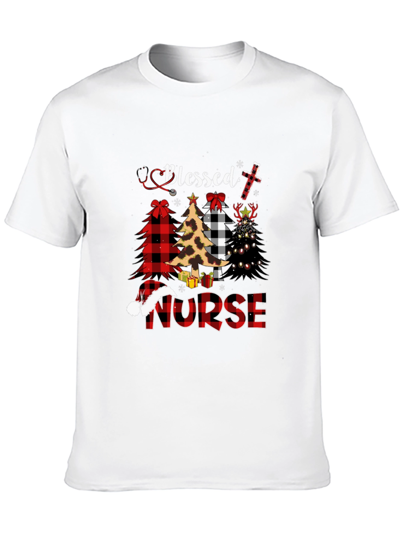 Black Blessed Nurse Christmas Tree Plaid T-Shirt view 10