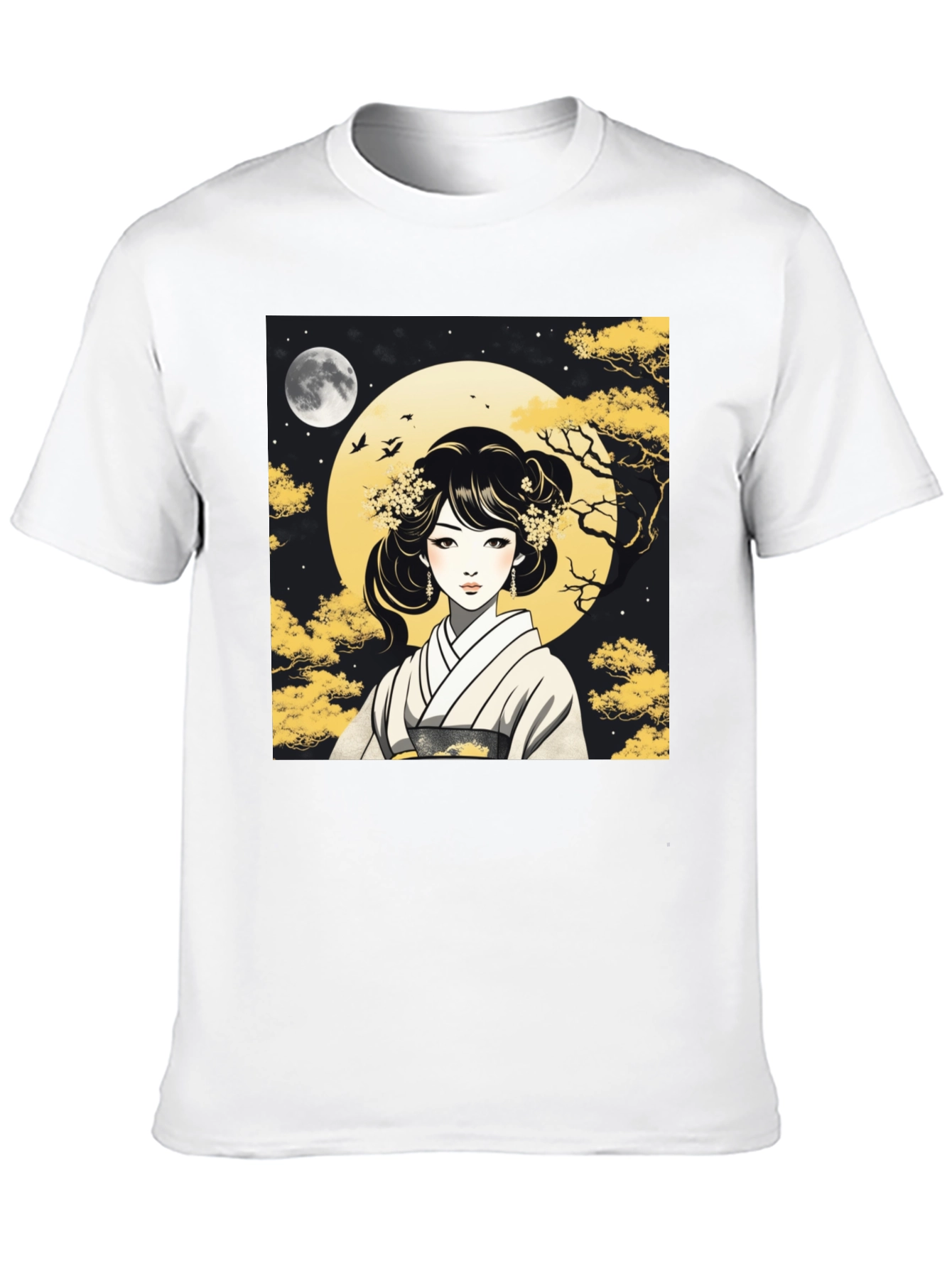Black Asian Woman T-Shirt - Moonlit Kimono Design view 10