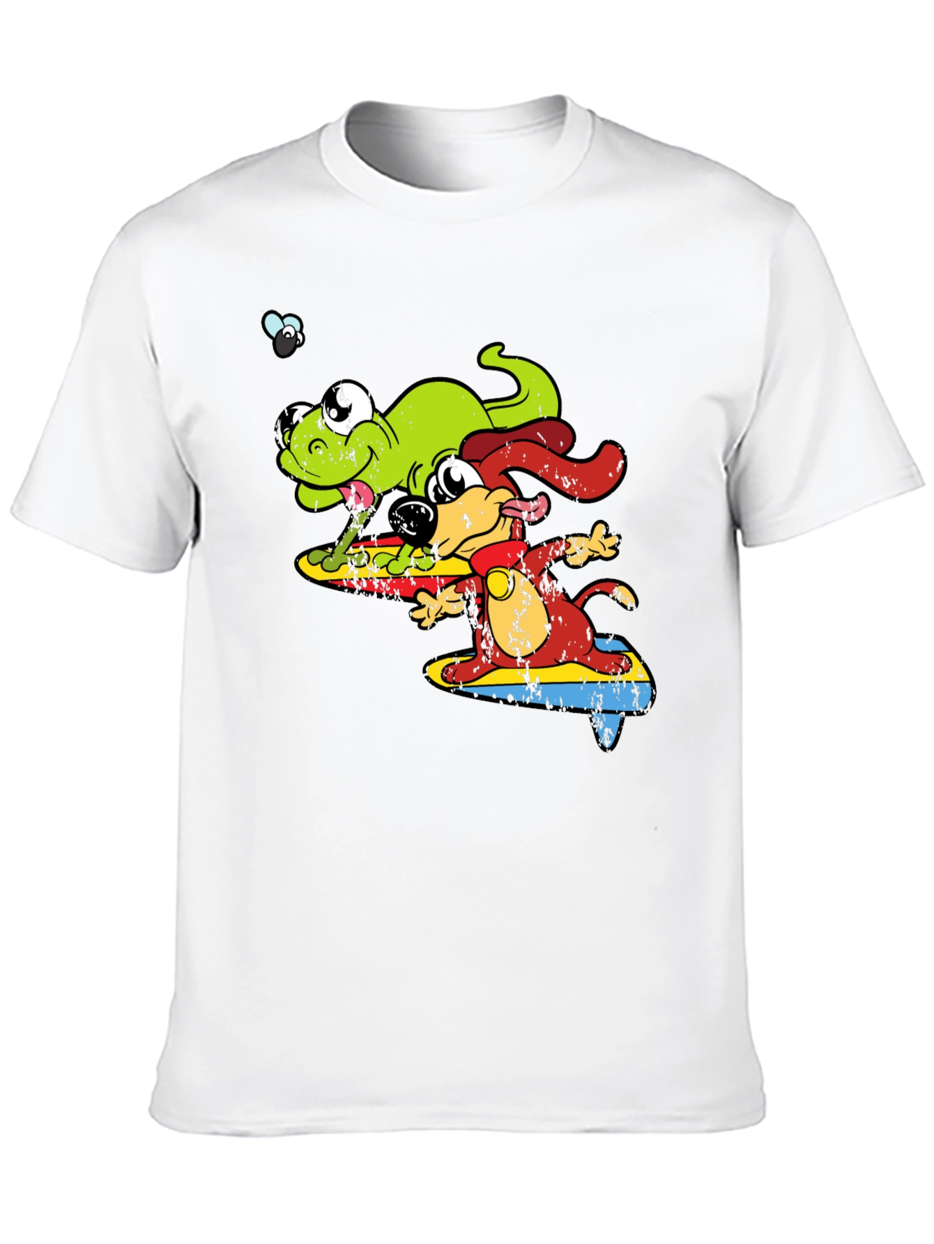 Black Cartoon Dog and Lizard Surfing Black T-Shirt view 10