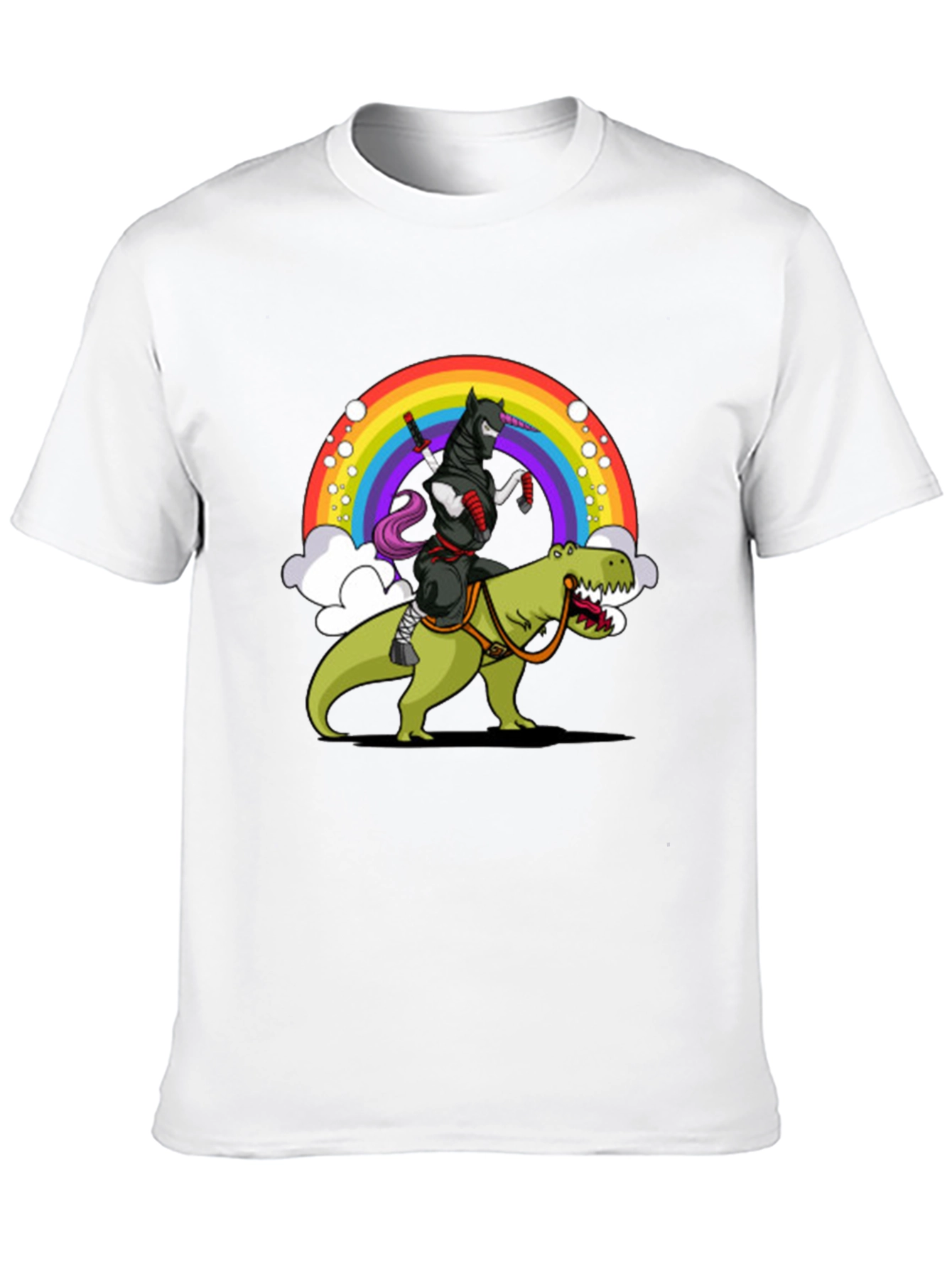 Black Ninja Unicorn Riding Dinosaur Rainbow T-Shirt view 10