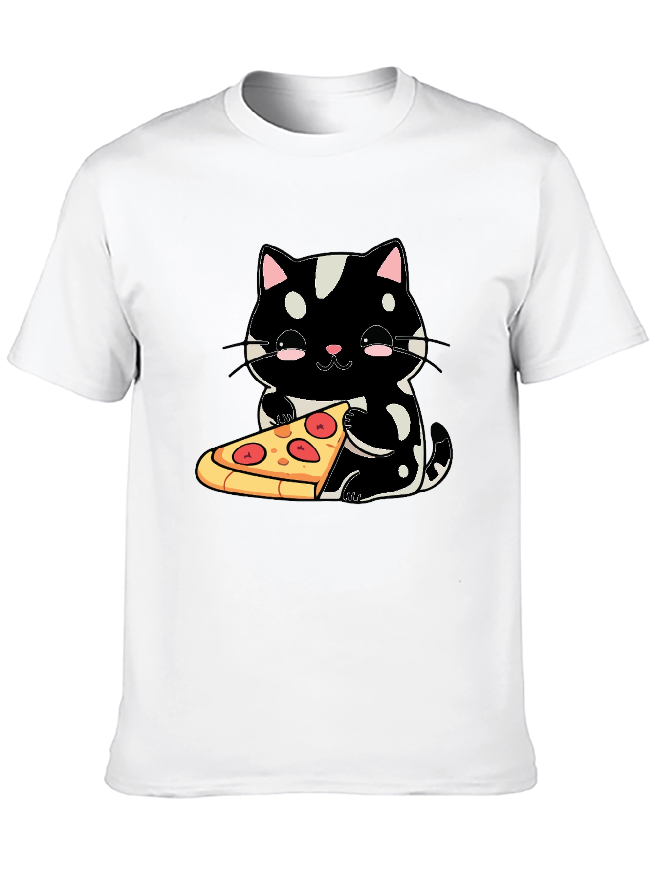 Black Cute Cat Pizza Graphic Tee - Black Cotton T-Shirt view 10