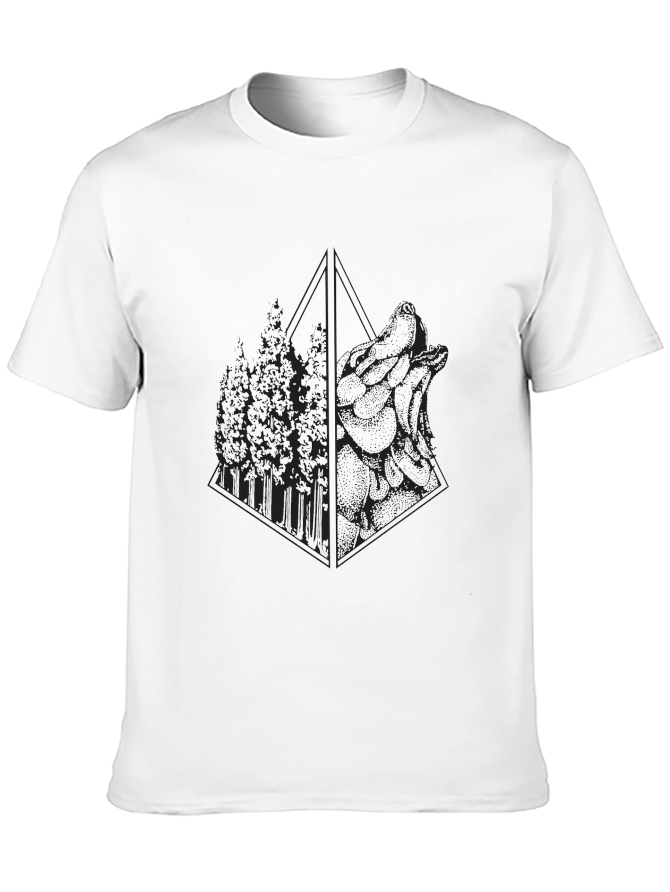 Black Geometric Wolf & Forest Graphic T-Shirt view 10
