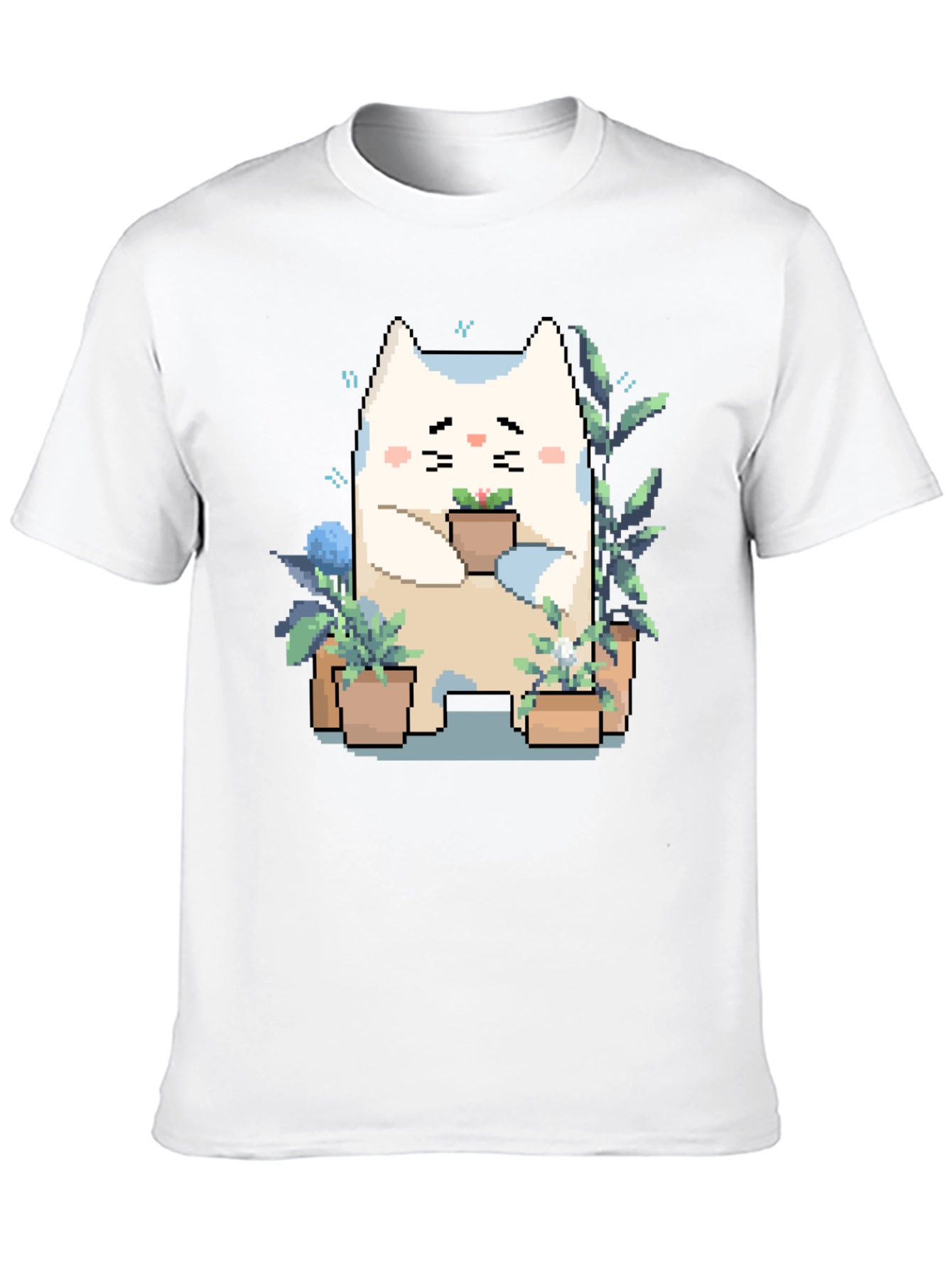 Black Cute Pixel Cat with Plants Black T-Shirt view 10