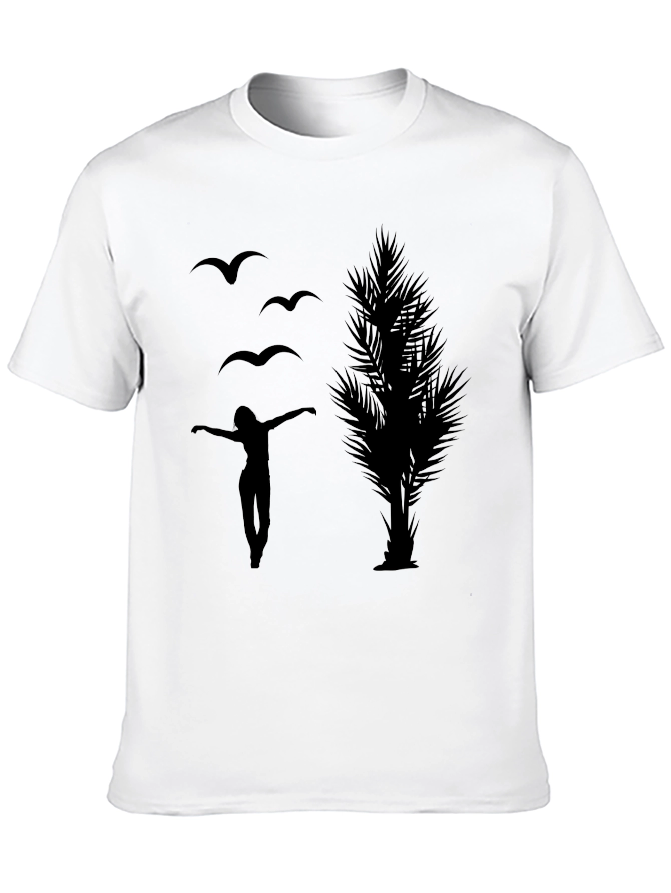 Black Silhouette Graphic Tee - Birds, Woman, Tree view 10