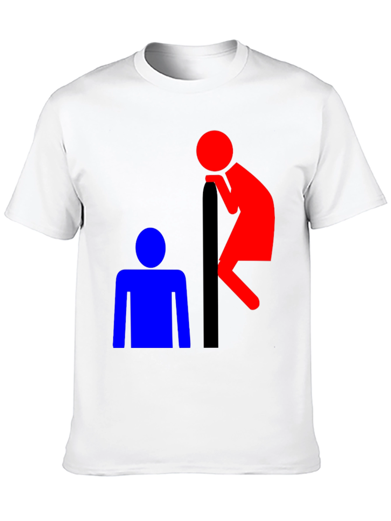 Black Funny T-Shirt: Red Peeping Tom and Blue Figure view 10