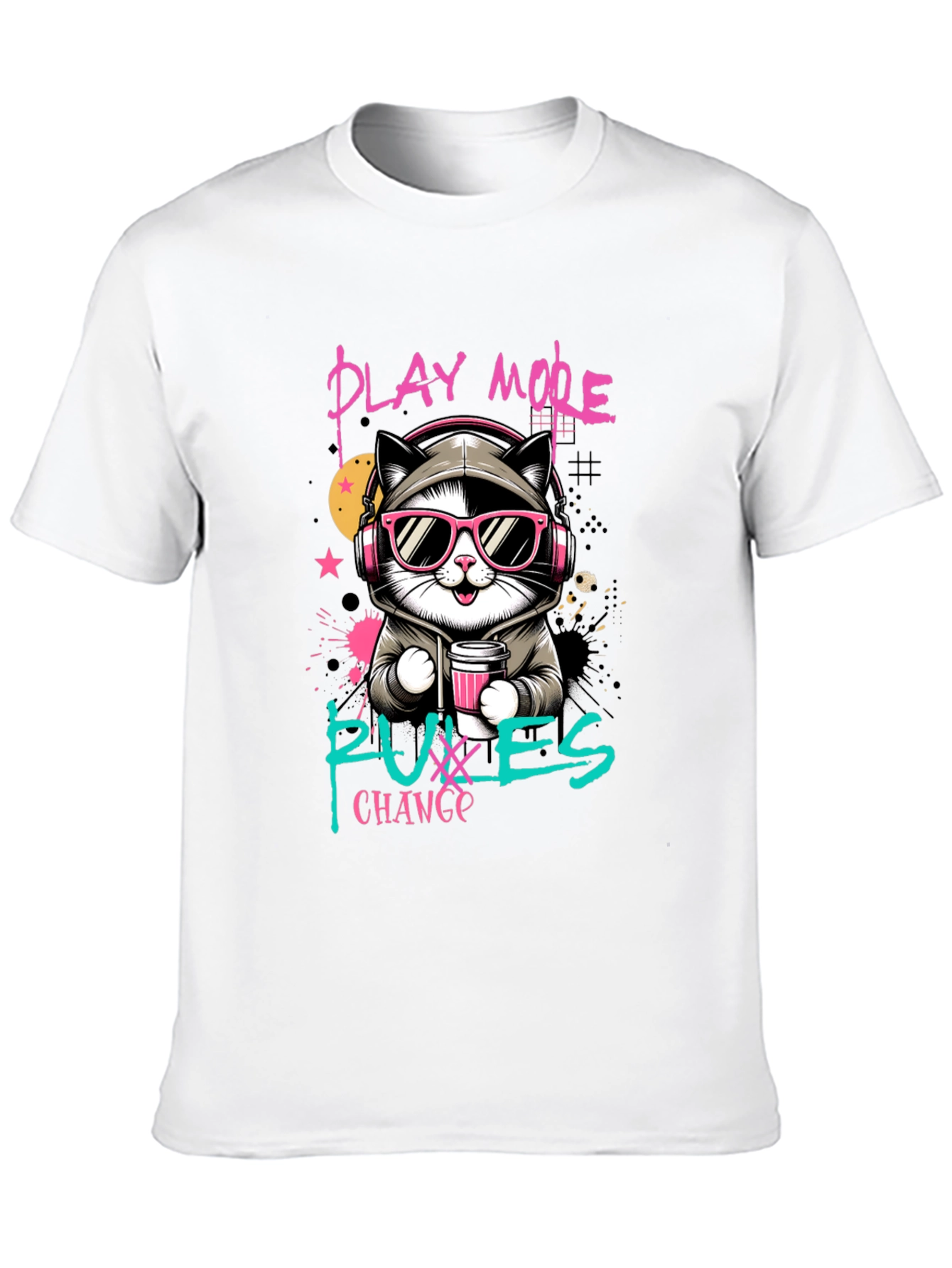 Black Play More, Puxxes Change T-Shirt - Cool Cat Design view 10