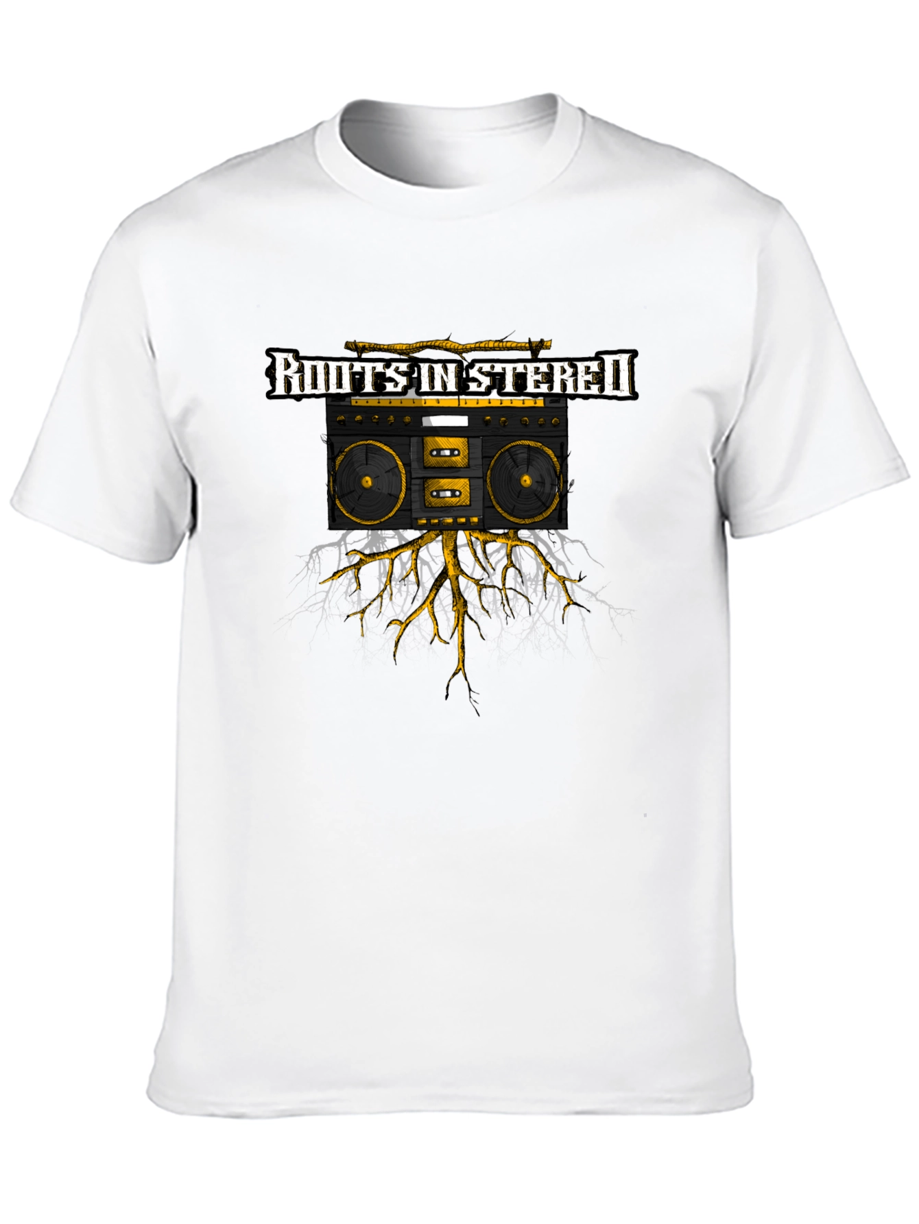 Black Roots in Stereo Black Graphic Tee - Cool Boombox Design view 10