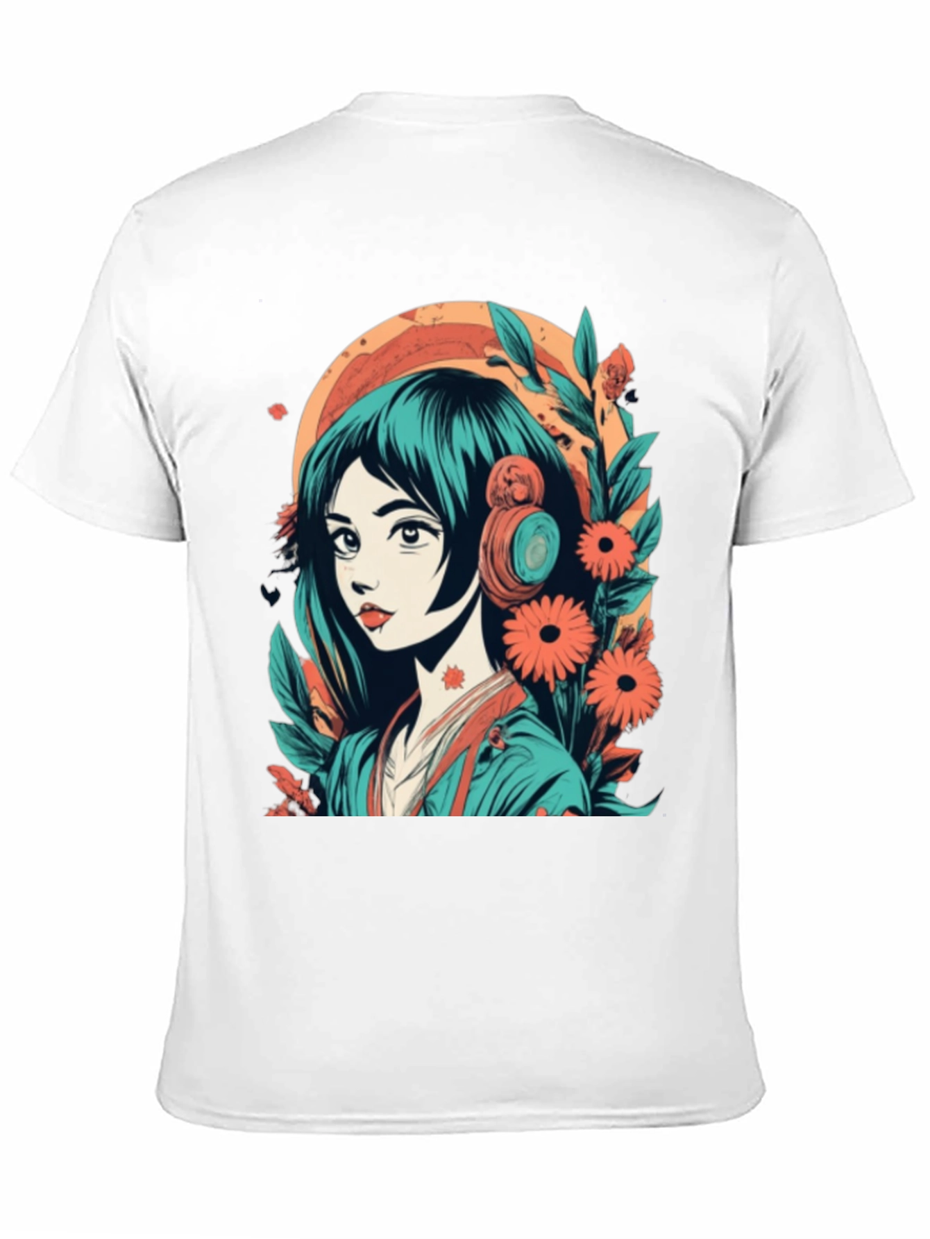 Black Anime Girl Graphic Tee - Floral & Headphones Design view 11