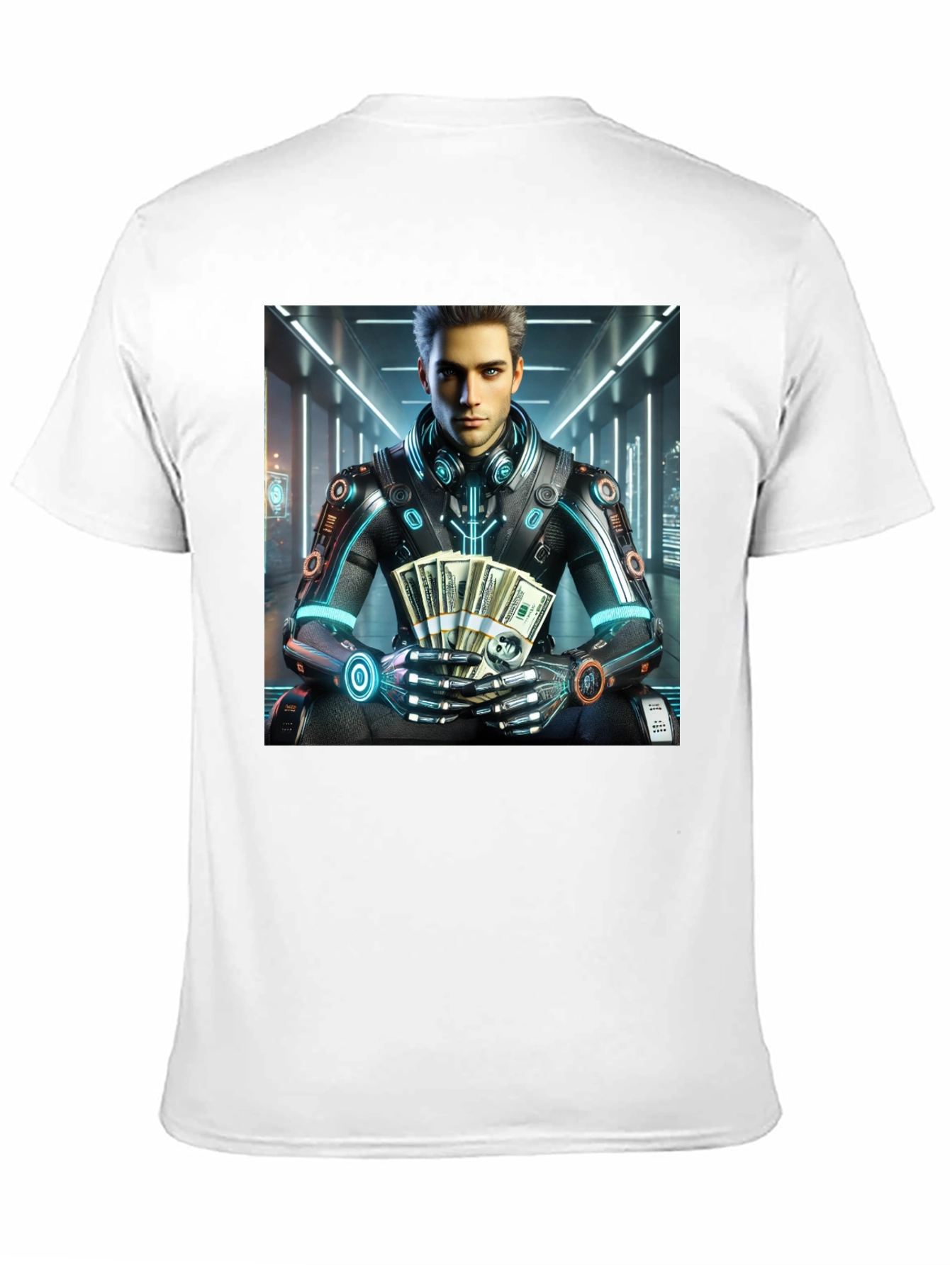 Black Cyberpunk Rich Guy T-Shirt - Futuristic Style view 11