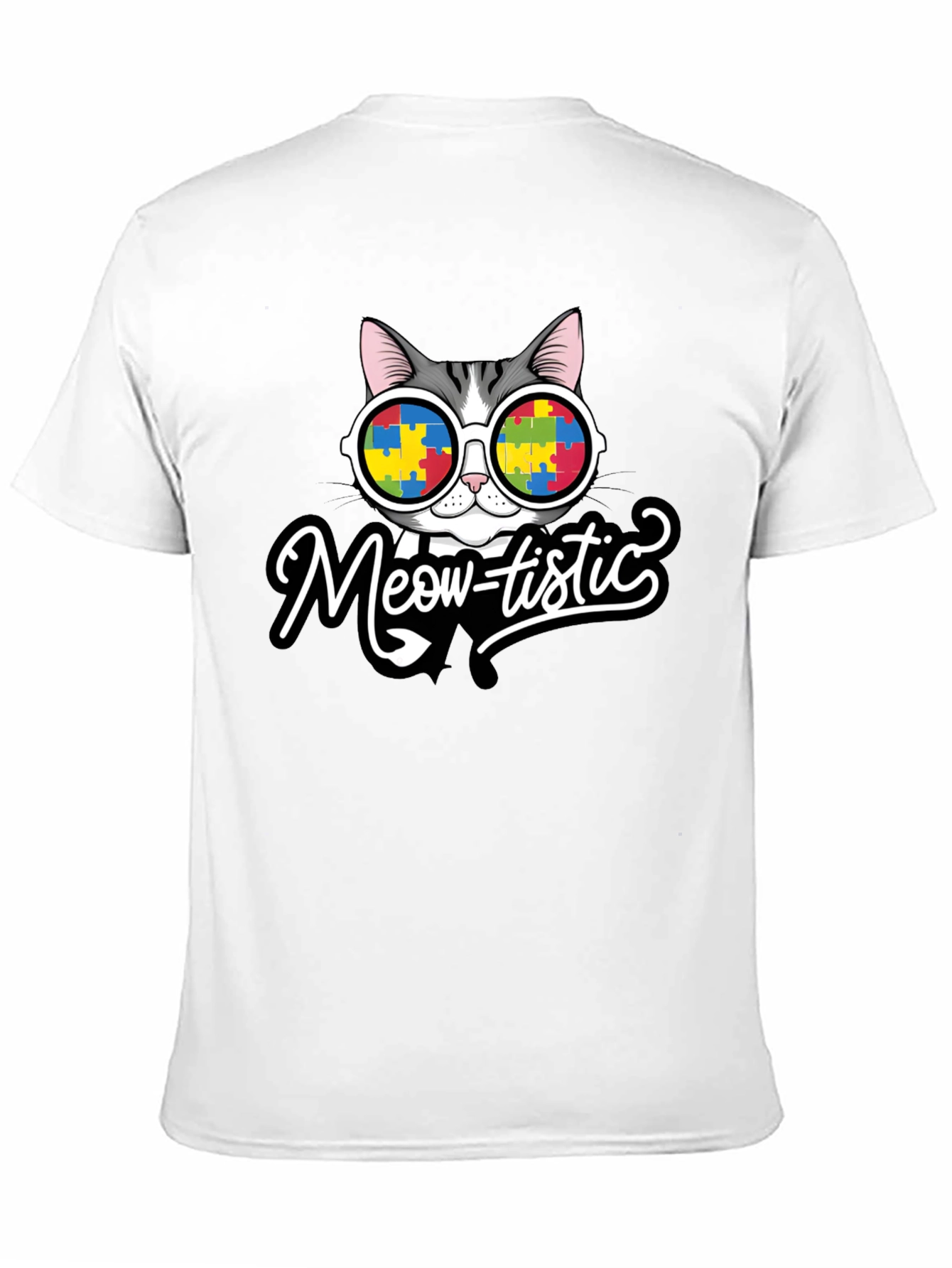 Black Meow-tistic Cat Autism Awareness T-Shirt view 11