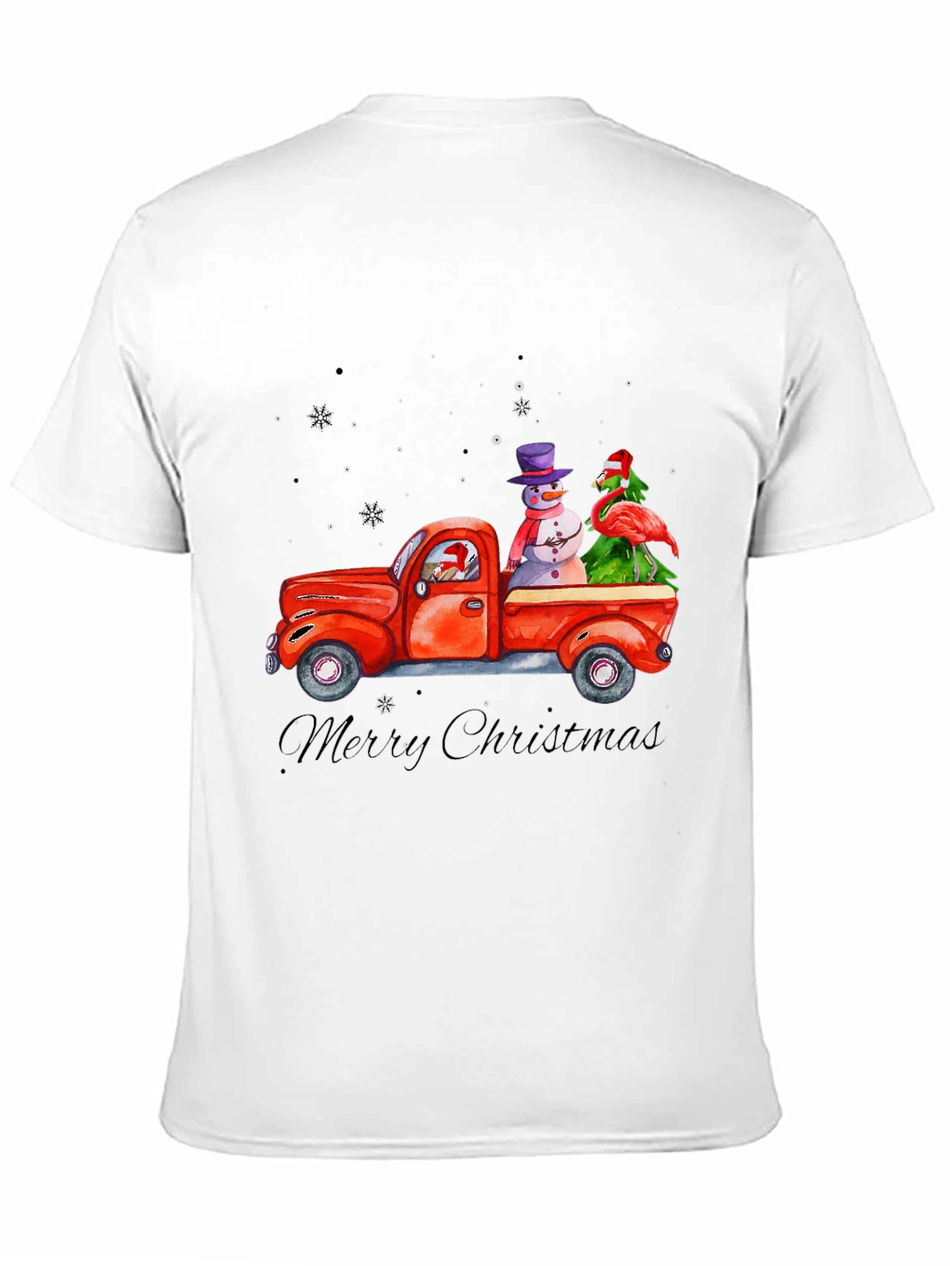 Black Christmas Truck T-Shirt with Snowman & Flamingo view 11