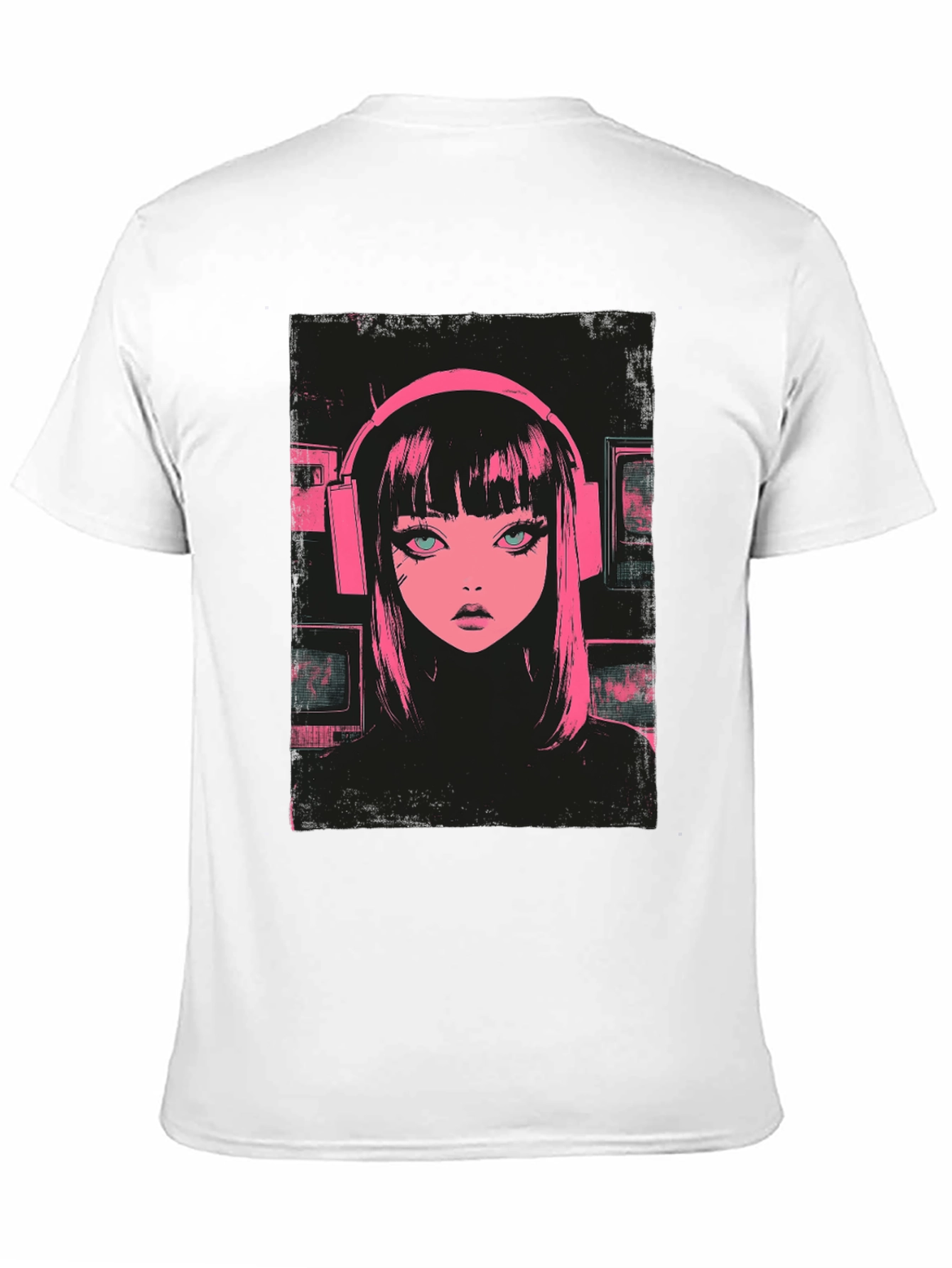 Black Anime Girl Pink Headphones Black T-Shirt view 11