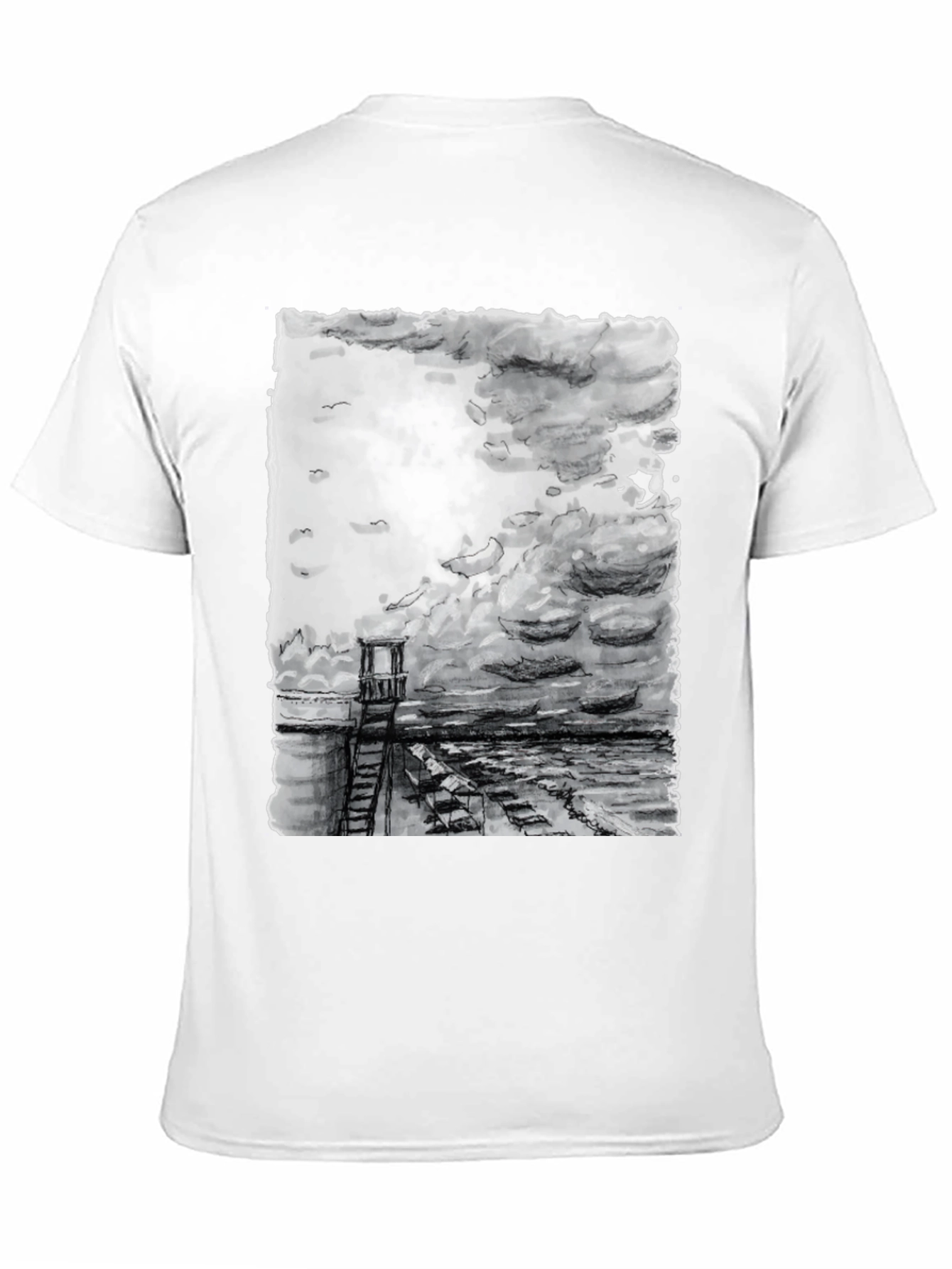 Black Monochrome Coastal Tower Graphic T-Shirt view 11