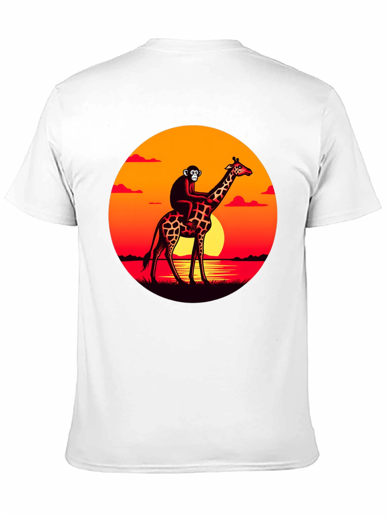 Black Monkey Riding Giraffe Sunset Graphic Tee view 11