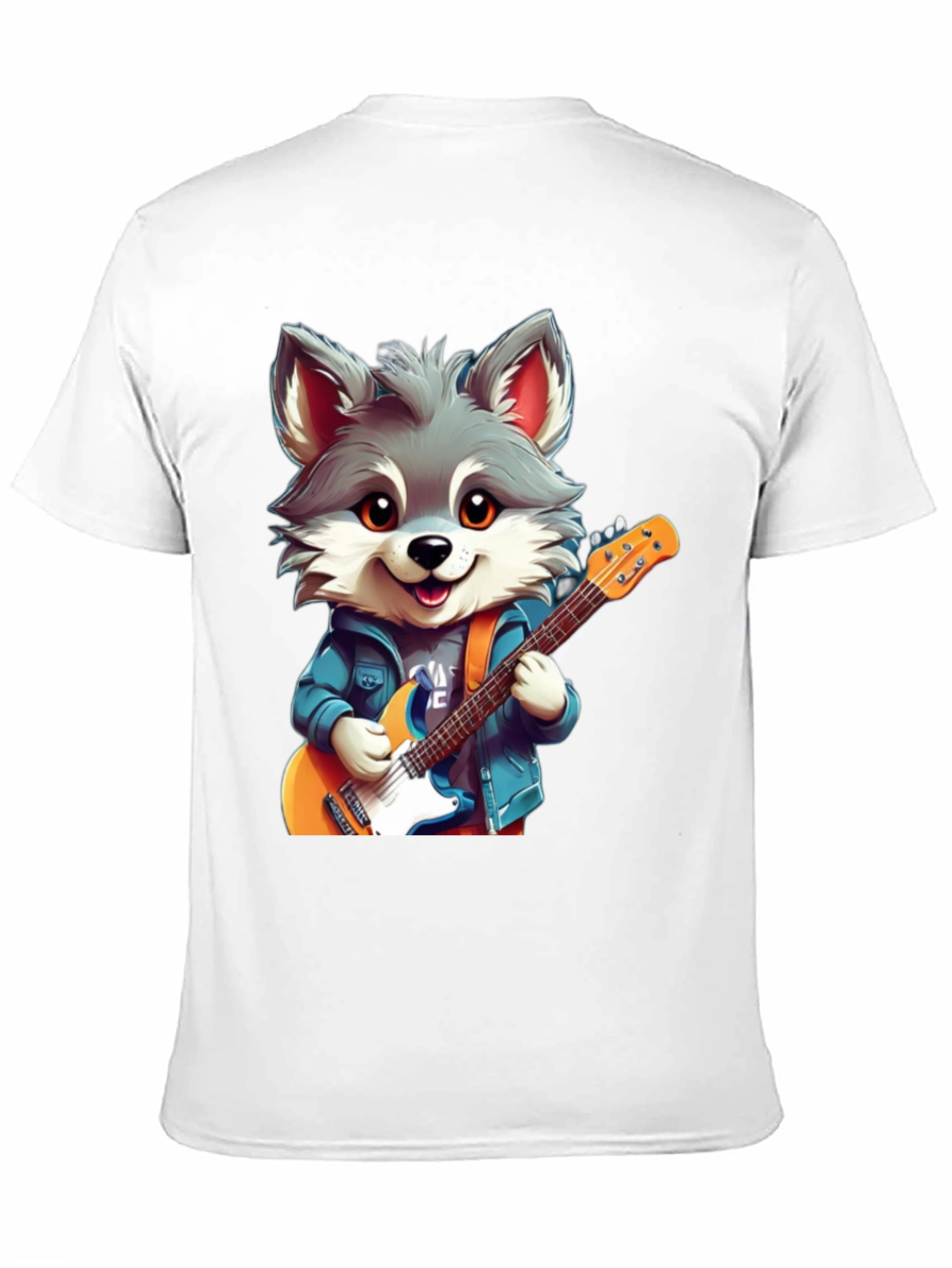 Black Cute Cartoon Wolf Guitarist Graphic Tee view 11