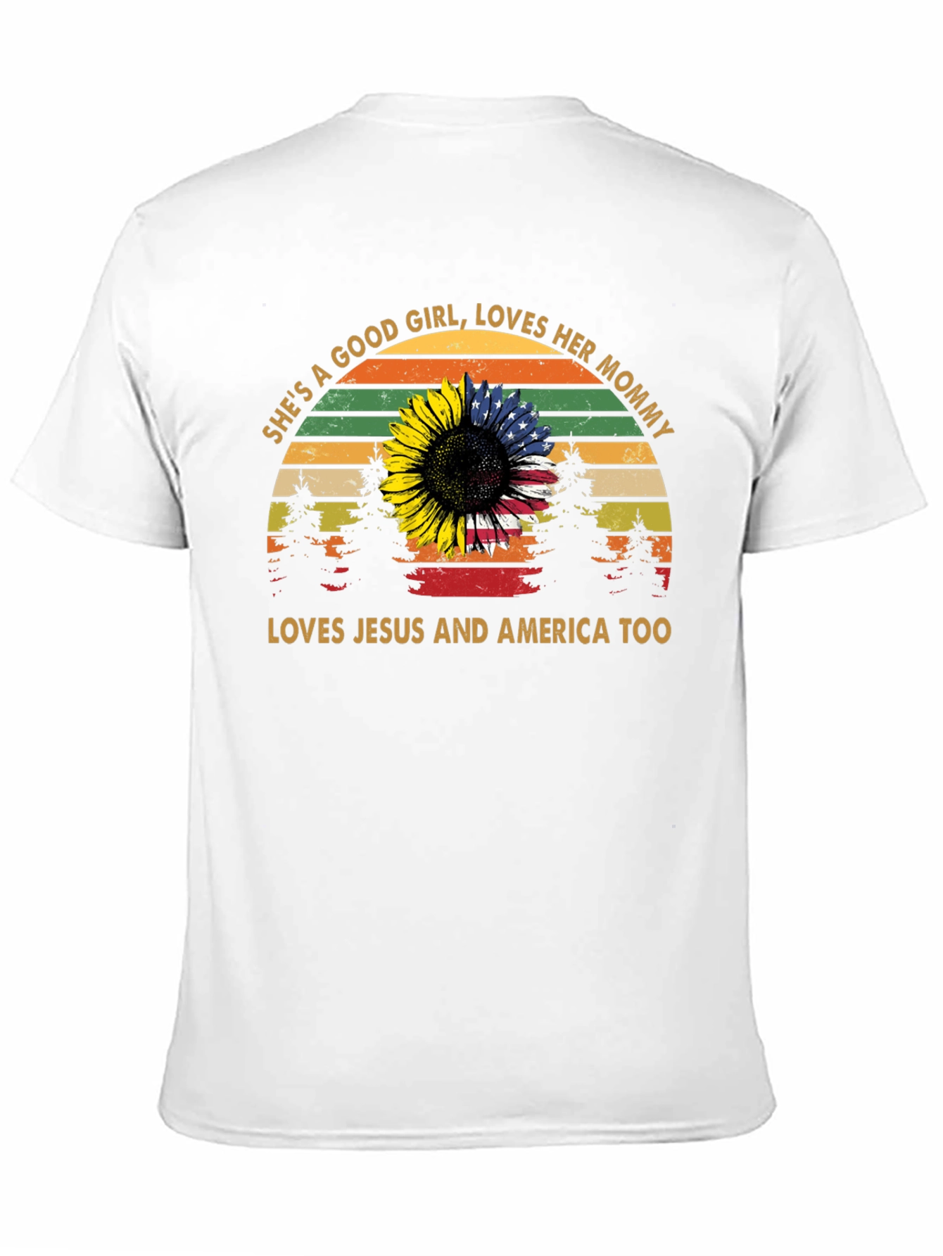 Black She's a Good Girl Tee: Sunflower & US Flag Design view 11