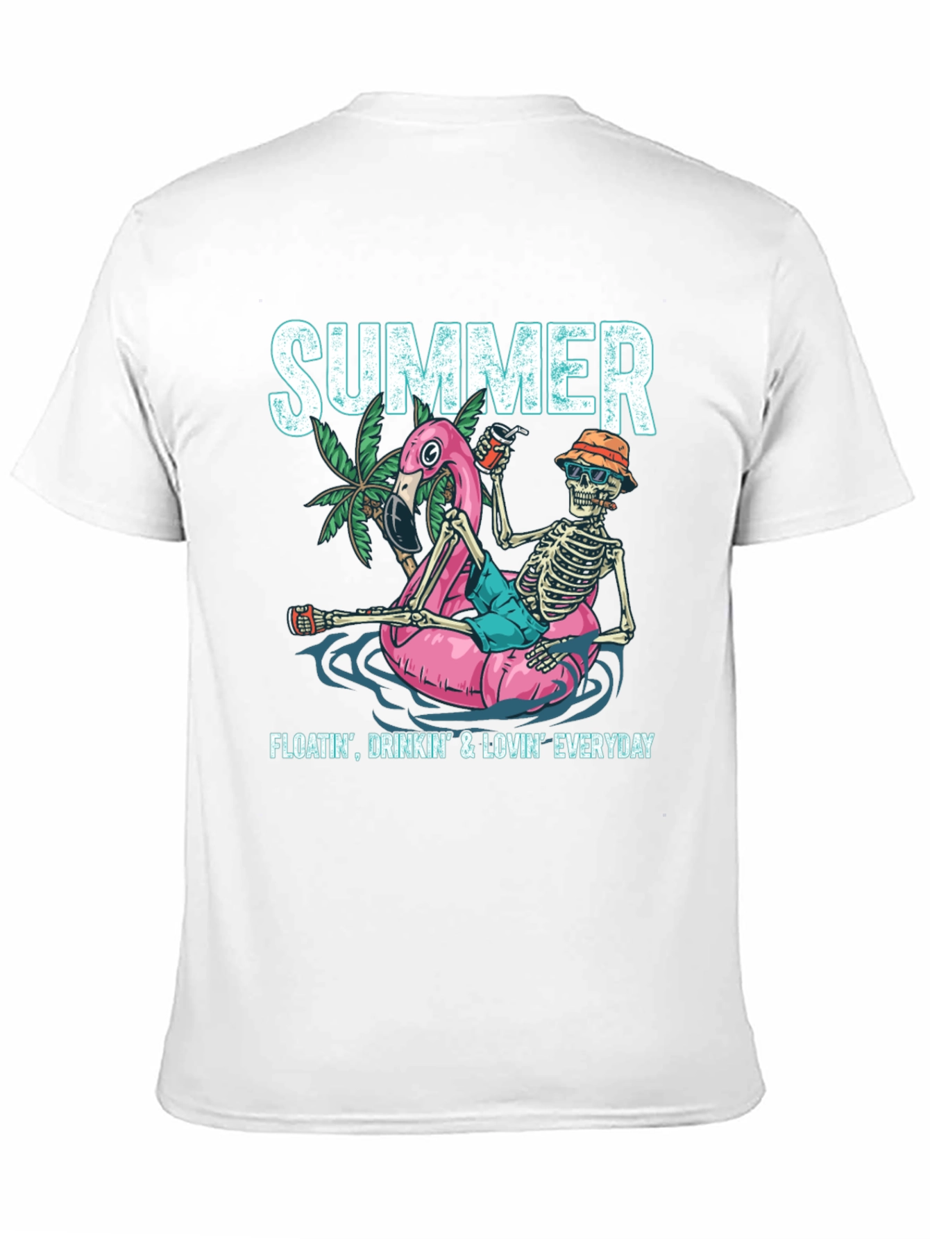 Black Summer Skeleton Flamingo Float T-Shirt view 11