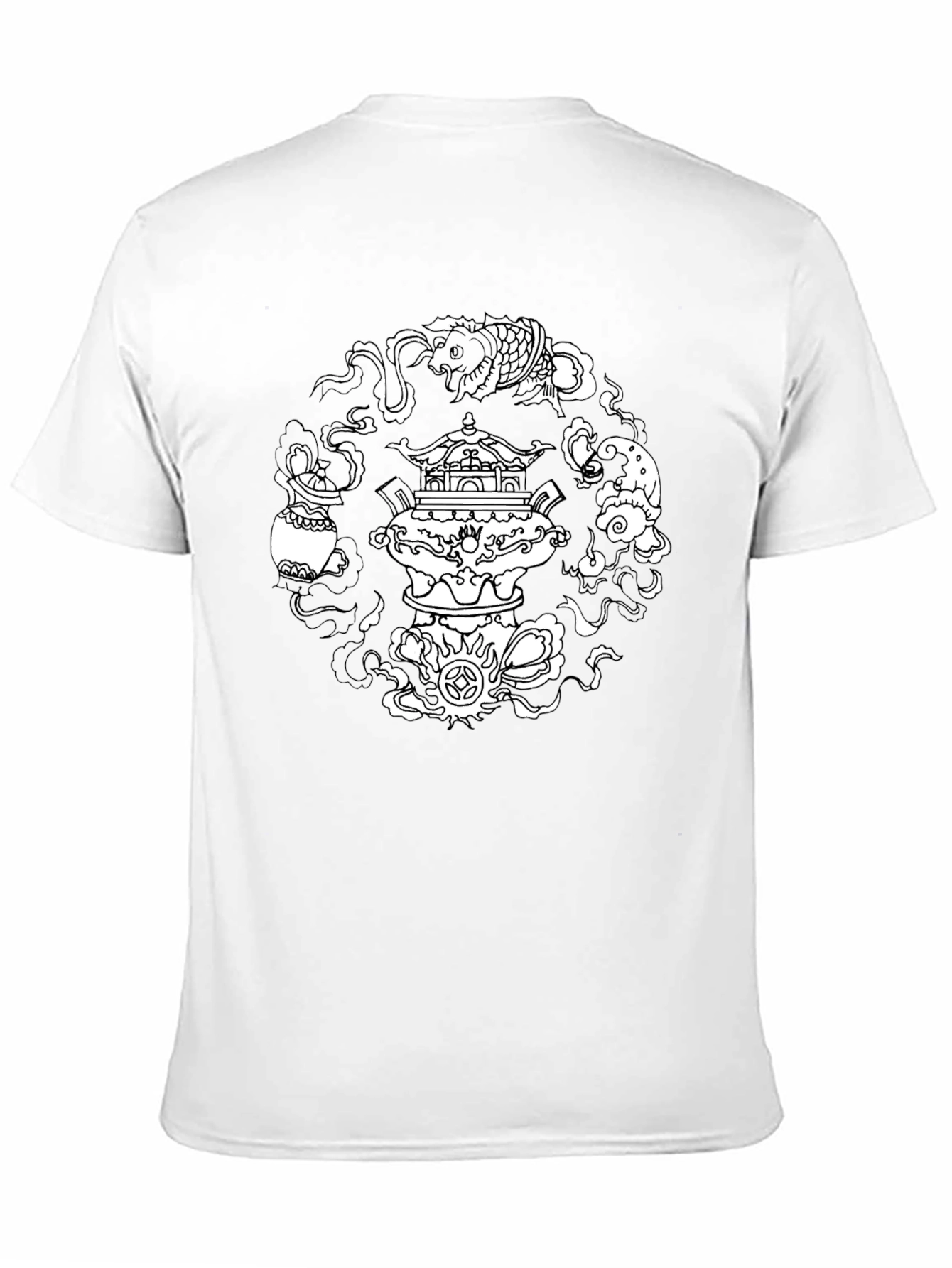 Black T-Shirt with Asian-Inspired White Graphic Design - 11