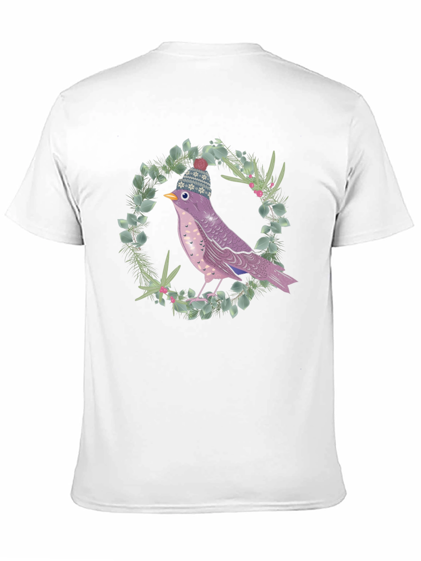 Black Whimsical Bird in Winter Hat T-Shirt view 11