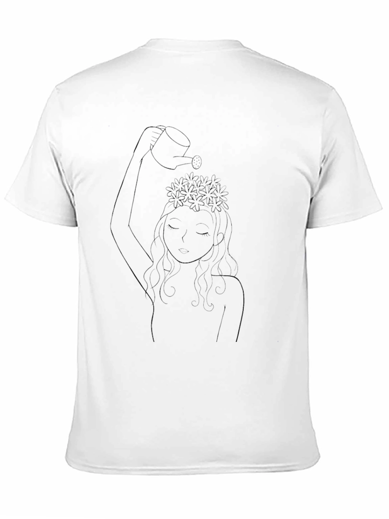 Black Black T-Shirt with Girl Watering Flowers Line Art view 11