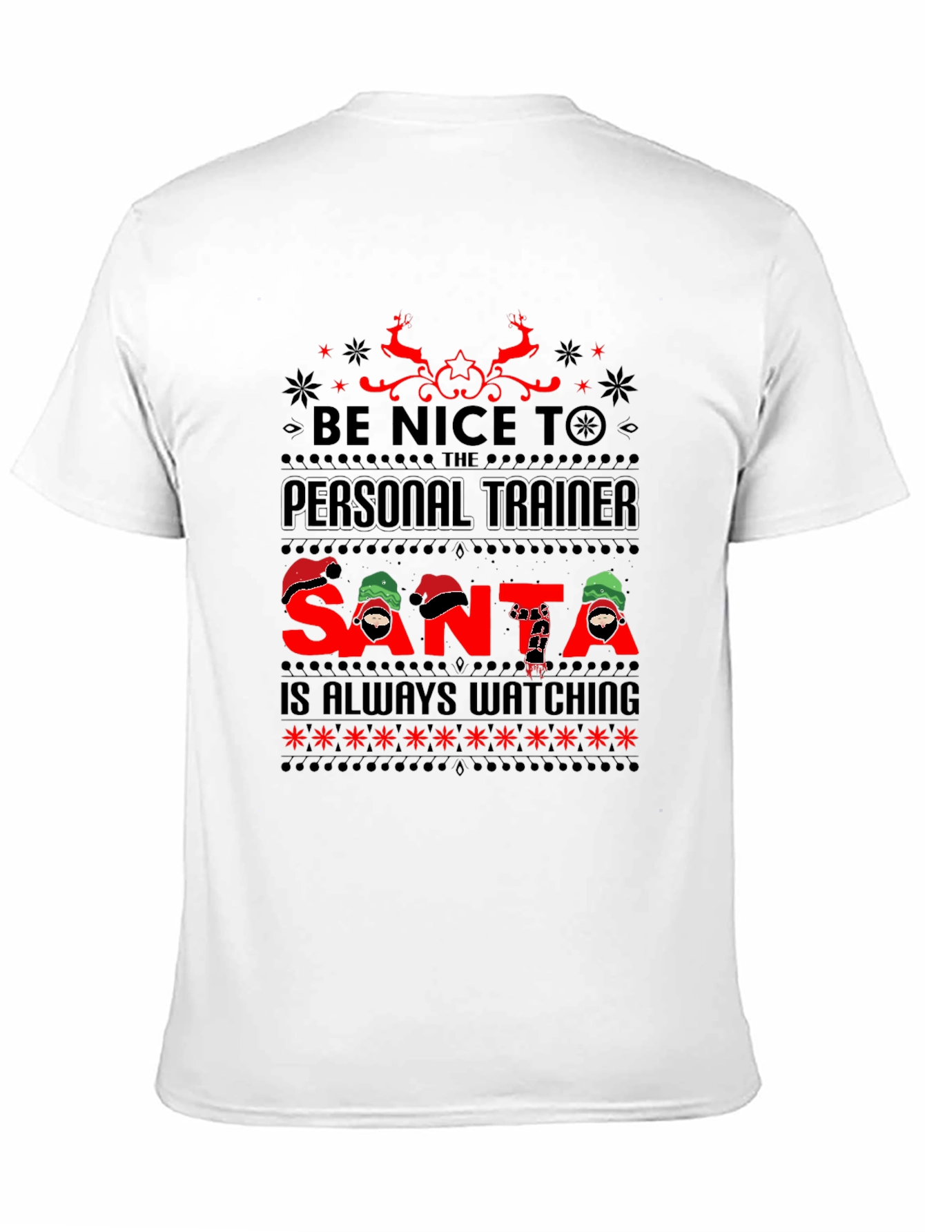 Black Personal Trainer Santa Watching Ugly Christmas T-Shirt view 11