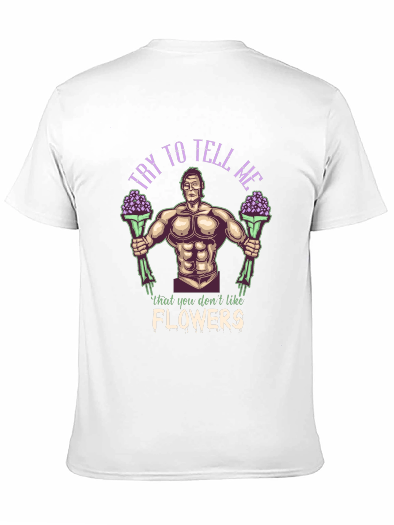 Black Funny Graphic T-Shirt - Buff Guy with Flowers view 11