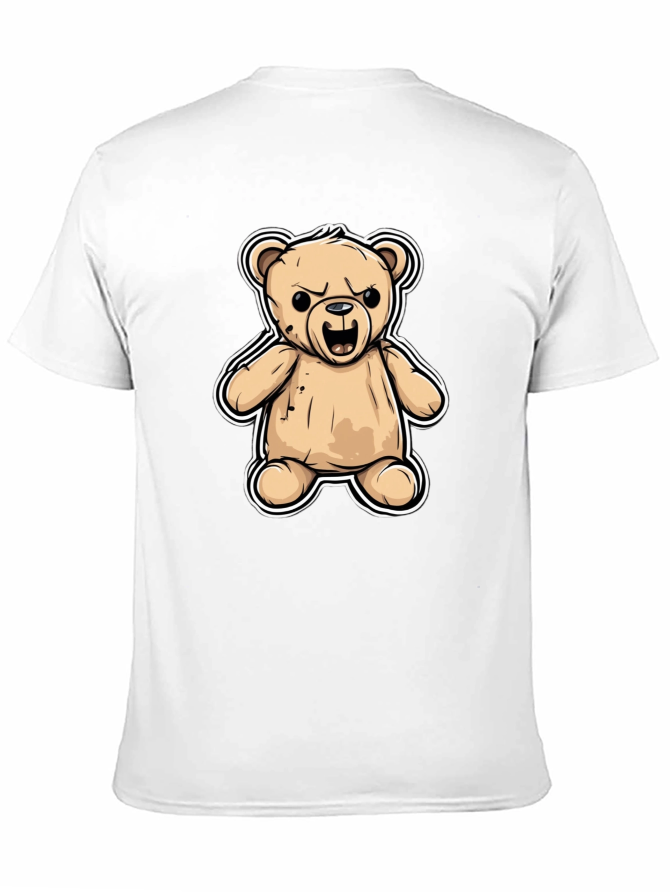 Black Men's Black T-Shirt with Cartoon Angry Teddy Bear Design view 11