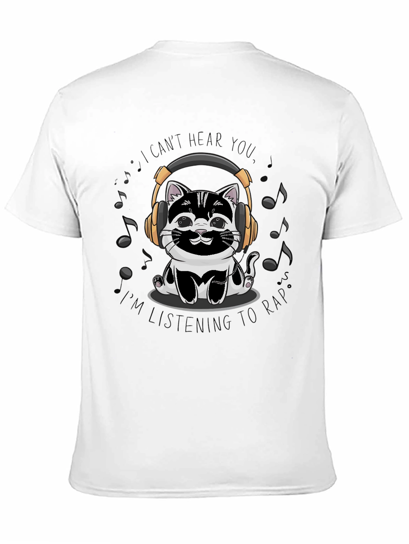 Black Cat Headphones T-Shirt - I Can't Hear You, Listening to Rap view 11