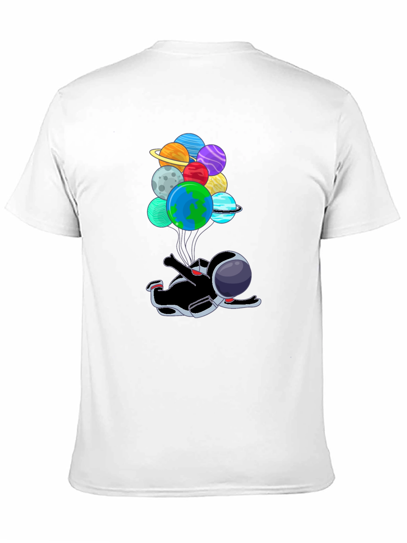 Black Astronaut Floating with Planet Balloons T-Shirt view 11