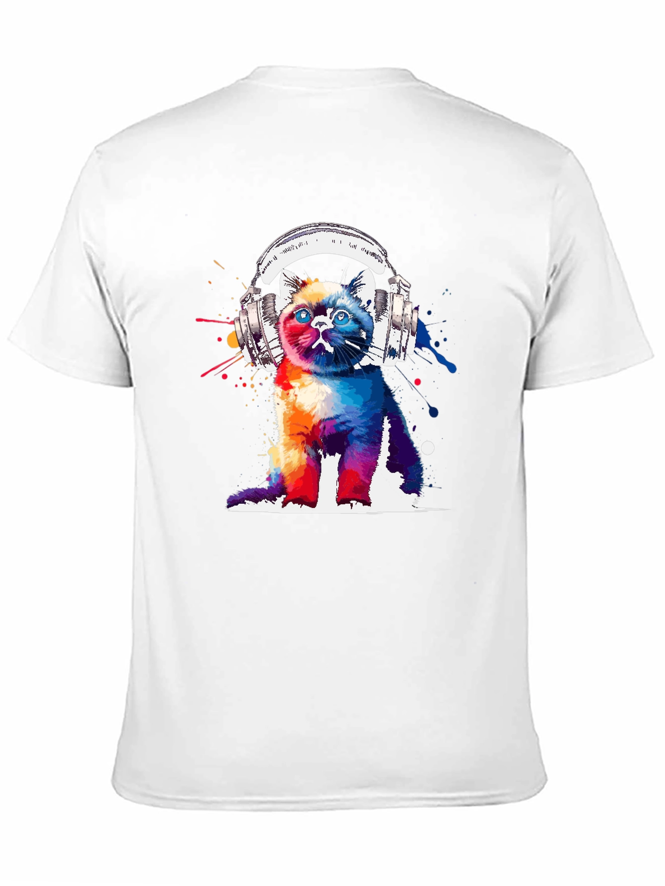 Black Colorful Cat Headphones Graphic T-Shirt view 11