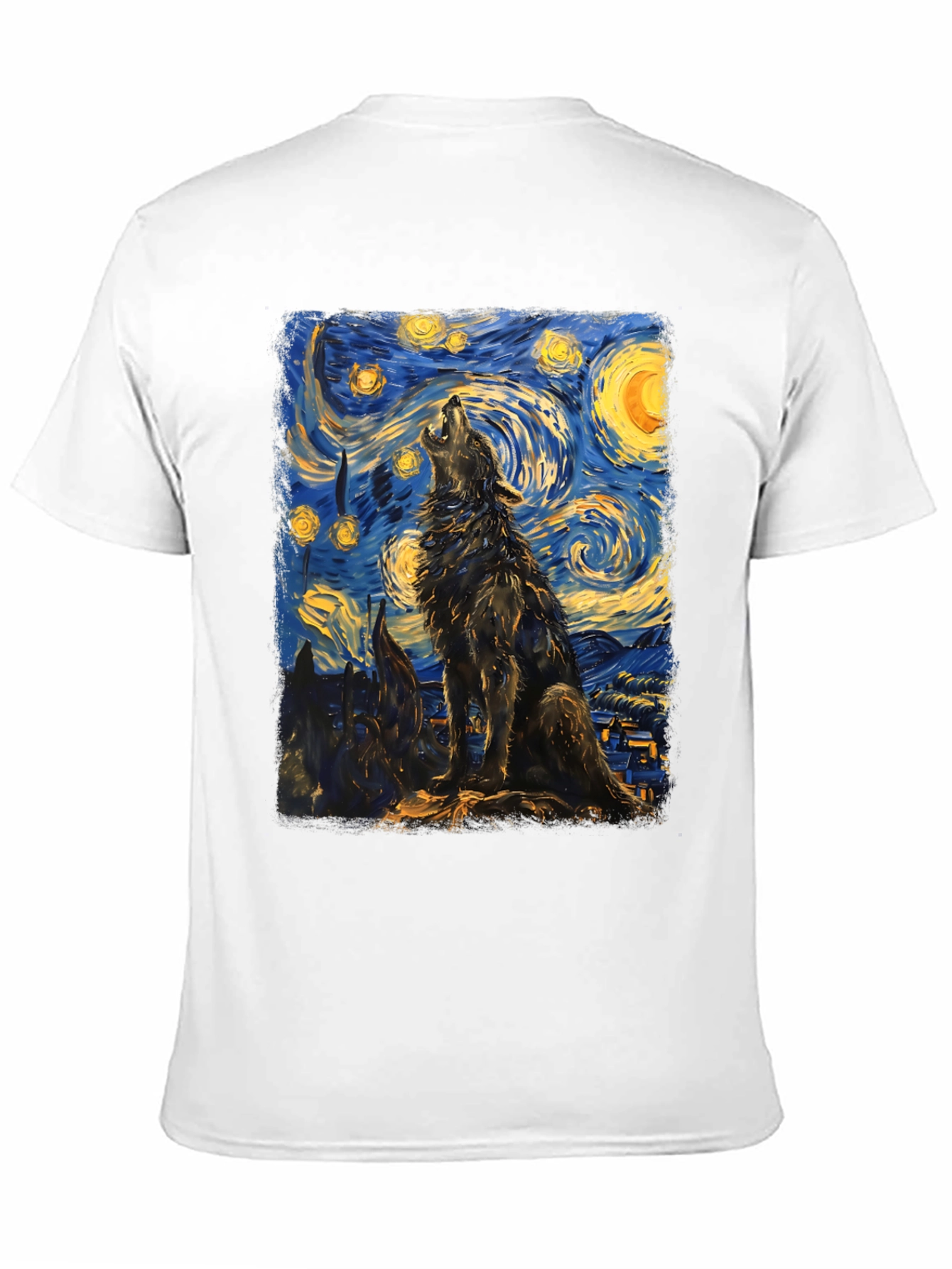 Black Starry Night Wolf Graphic Tee - Unique Artistic Design view 11